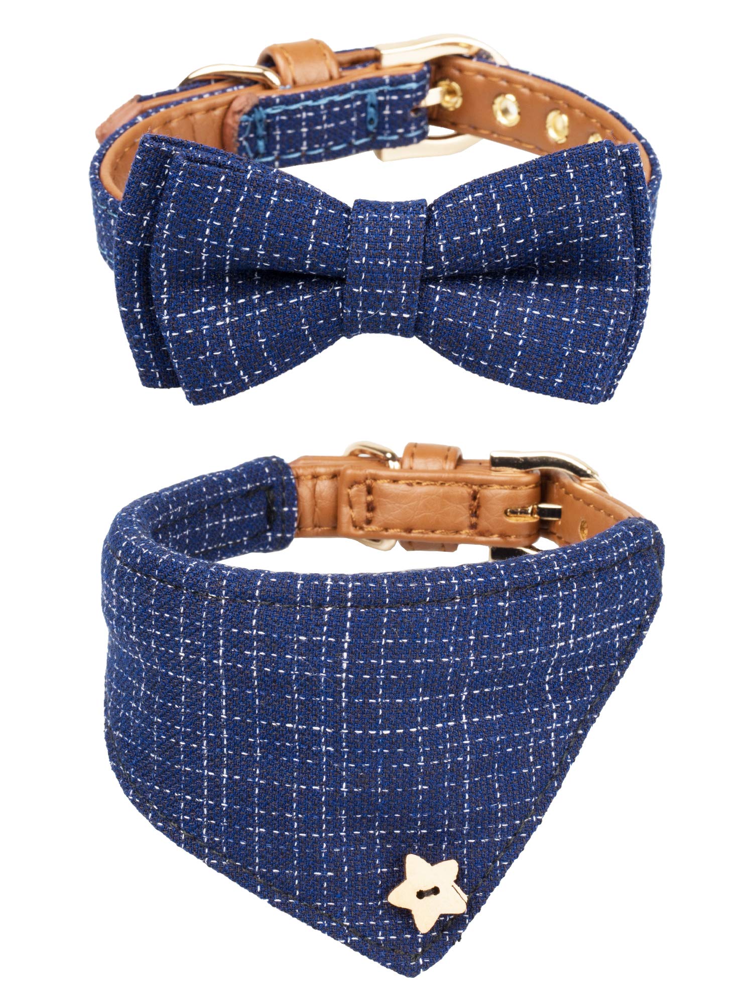 Gyapet Small Dog Collar Puppy Cat Tiny Pet Bow Tie & Bandana 2Pcs Set Pu Leather Canvas Scarf Durable Blue Classic