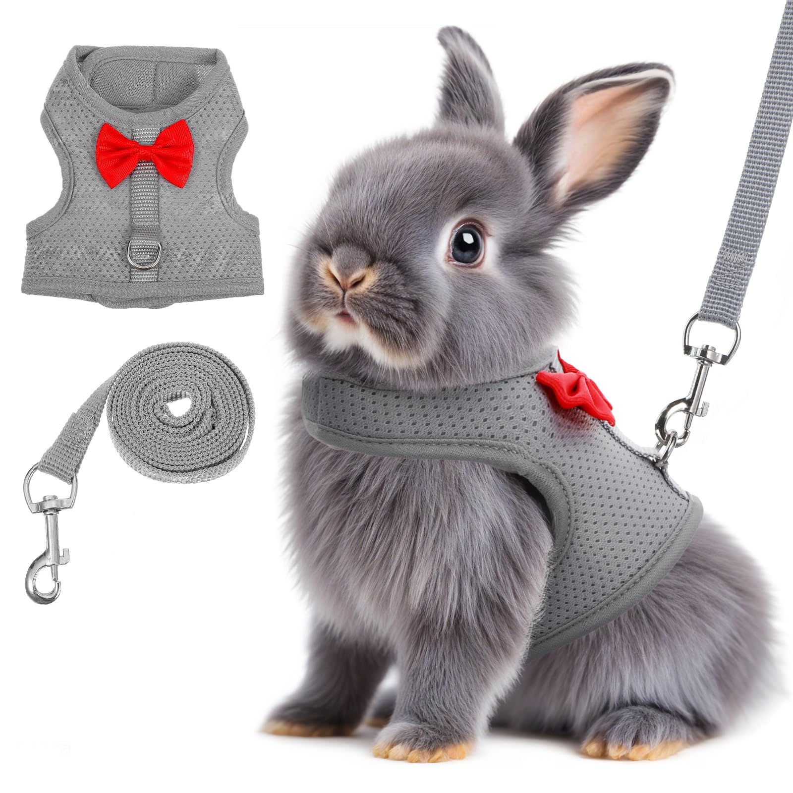 Rabbit Harness and Leash Set,Bunny Leash for Walking Escape Proof,Bunny Clothes with Cute Bow Mesh Breathable Adjustable Vest Ra