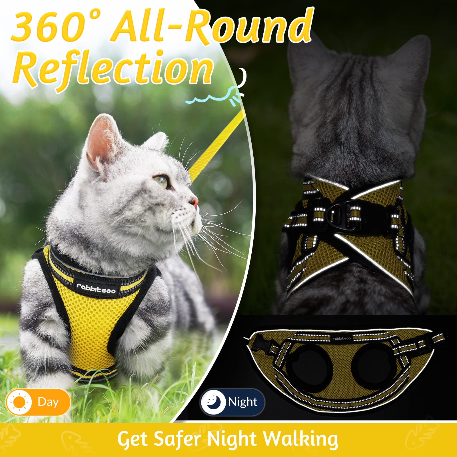 Rabbitgoo Cat Harness And Leash Set For Walking Escape Proof, Adjustable Soft Kittens Vest With Reflective Strip For Cats, Comfortable Outdoor Vest, Bright Yellow, M
