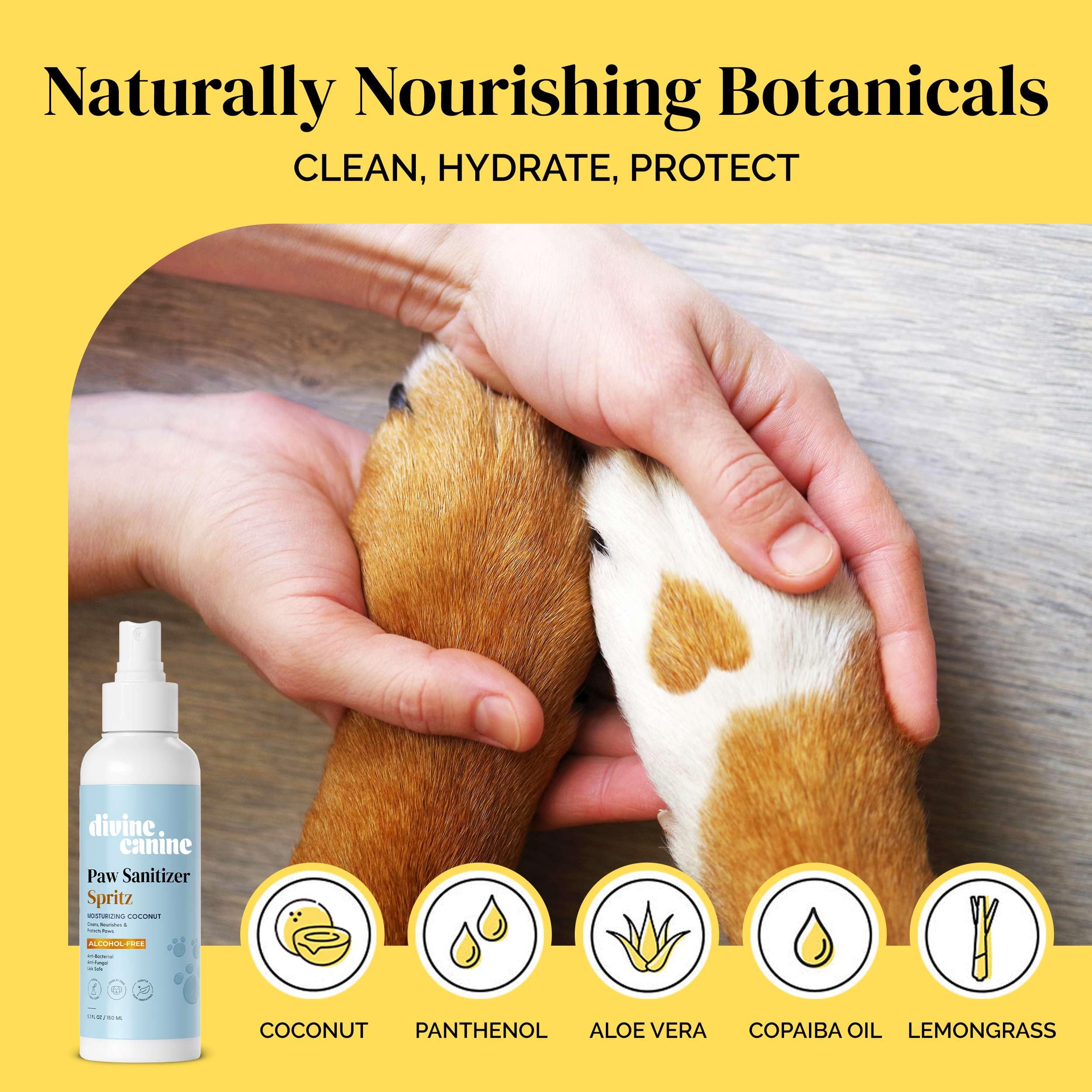 Dog Paw Cleaner - 5.1 Fl Oz of Alcohol Free Paw Sanitizer Spritz - Made with Coconut, Aloe, Copaiba Oil, and Lemongrass Oil to N