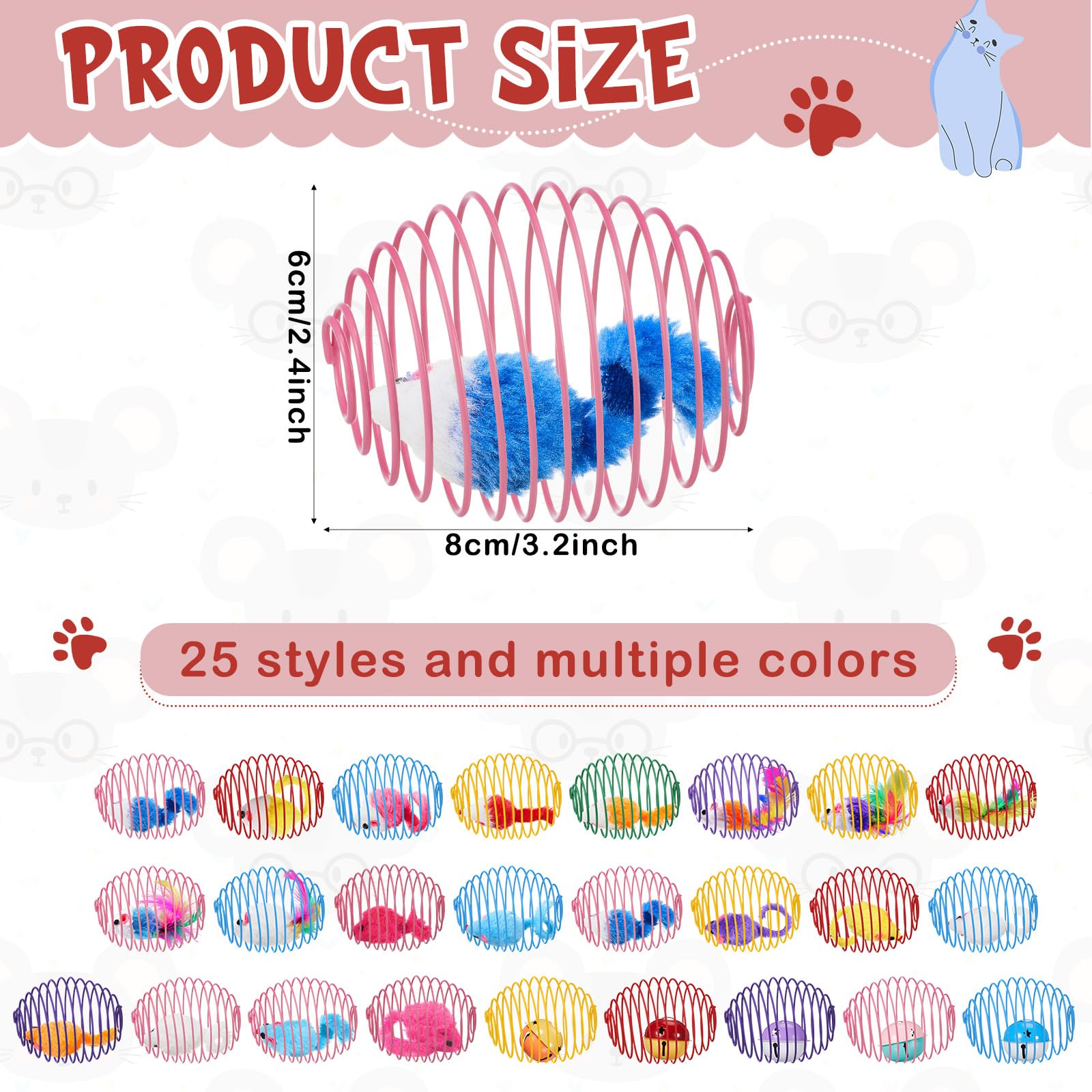 Jecery 25 Pcs Cat Spring Balls Toys Stretchable Rolling Balls Colorful Playful Coils Interactive Action Toy Caged Rats for Kitte