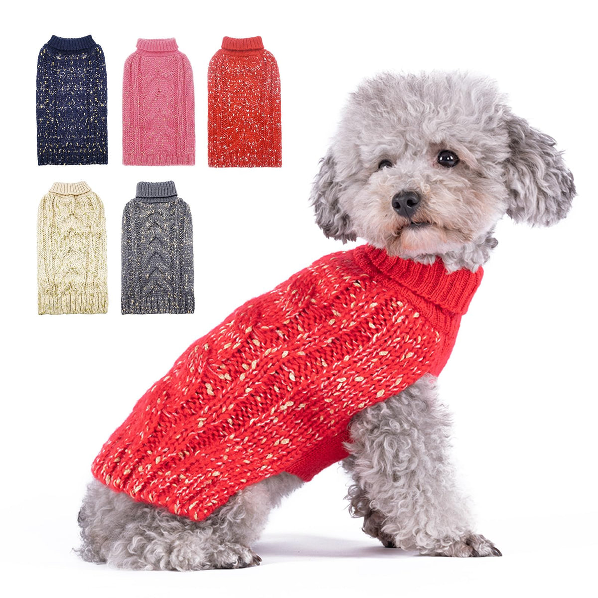 Kyeese Dog Sweater Winter Dog Clothes Pullover Warm Dog Coat Turtleneck Knitwear Sweater With Golden Yarn For Small Dog, Red, Small