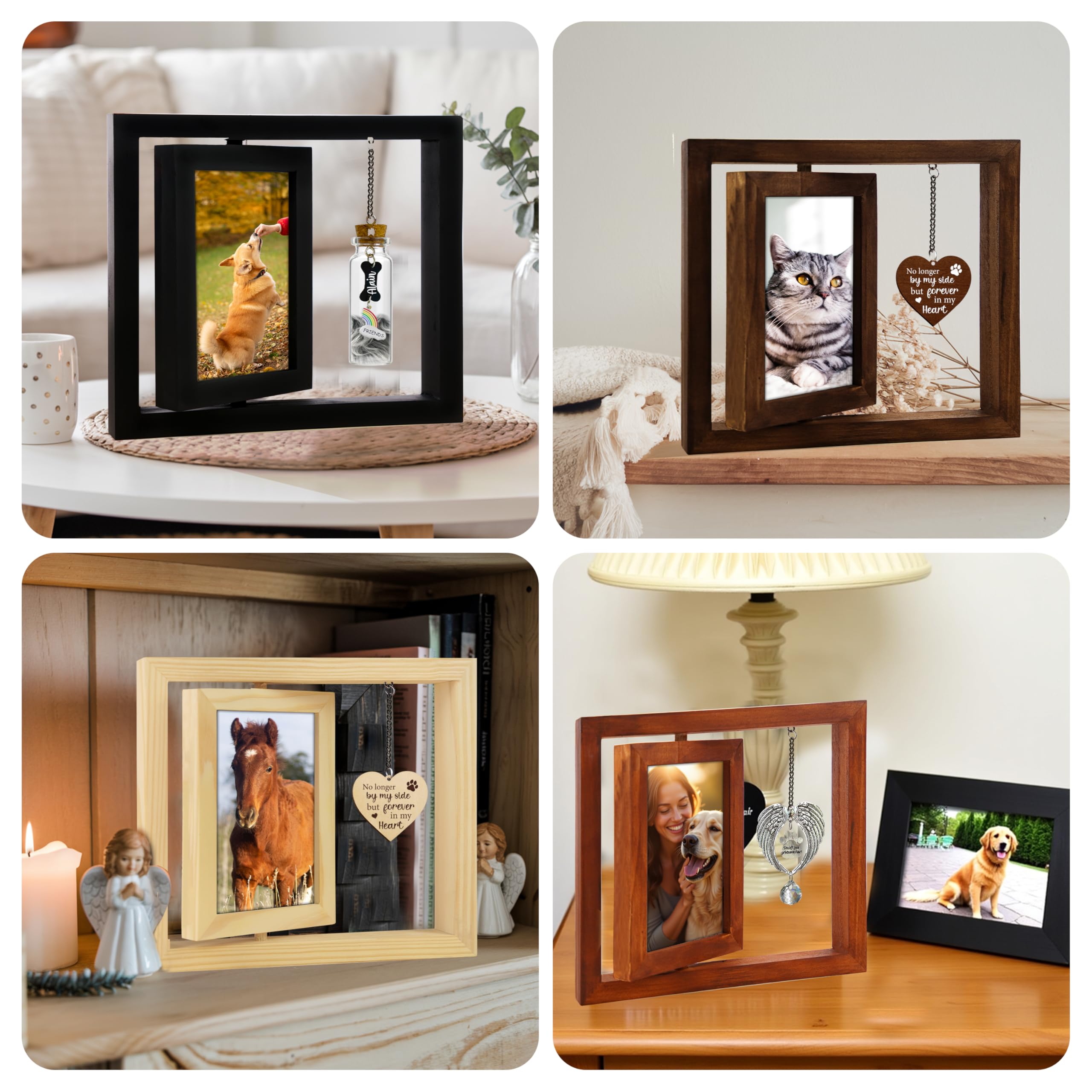 Pet Memorial Gift For Dogs Cats, Natural 360 Rotating Wooden Picture Frame 6X4 Photo, Pet Hair Keepsake Fur Jar Rainbow Bridge ,
