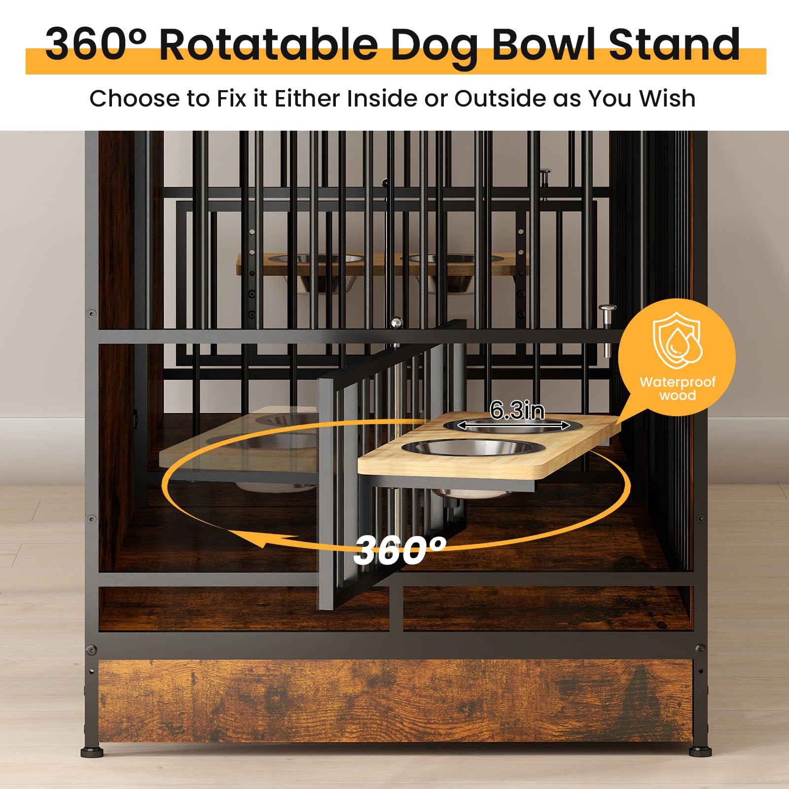 Yafylly 78 Dog Crate Furniture with 4 Dog Bowls, Extra Large Double Dog Kennel with 360 Rotating and Adjustable Height Bowl Ho