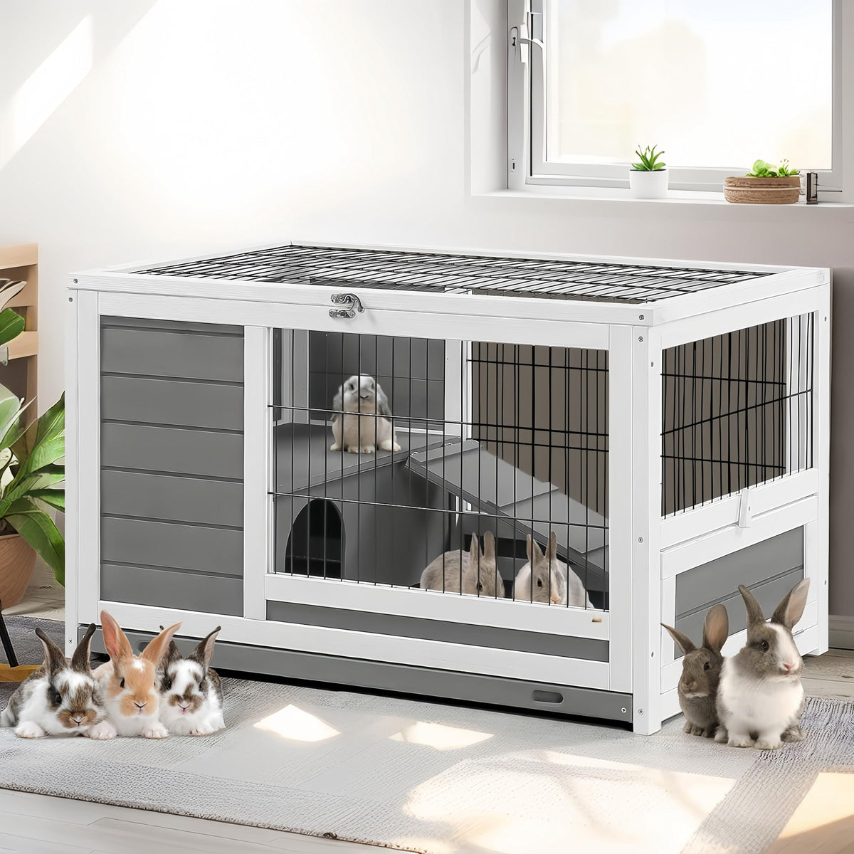 Esright Rabbit Hutch Pet House For Small Animals 35.4'' Guinea Pig Cages Rabbit Cage With Run Bunny House Indoor & Outdoor