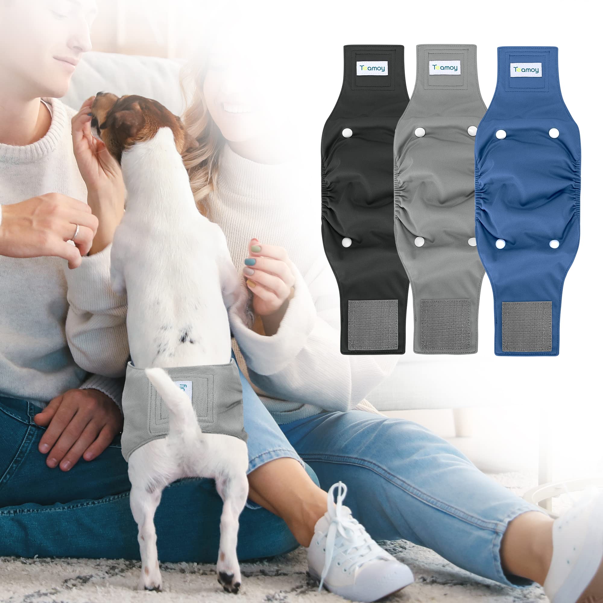 Teamoy Belly Bands For Male Dogs With Removable Pads, Reusable Washable Puppy Dog Diaper Wraps With Gray Lining(Pack Of 3),S