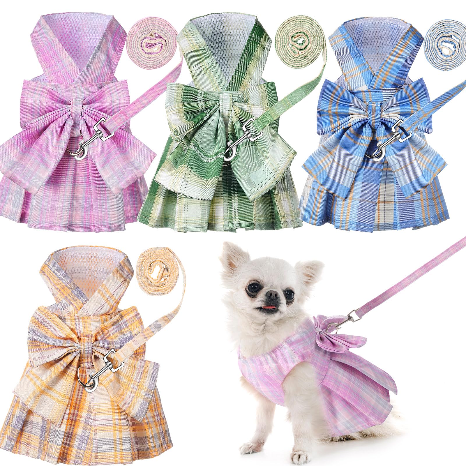 Potchen 4 Pcs Cute Plaid Dog Dress Set with Bow Tie Harness & Leash for Small Dogs, Puppy Clothes for Girls Summer Outfits(S,Lig