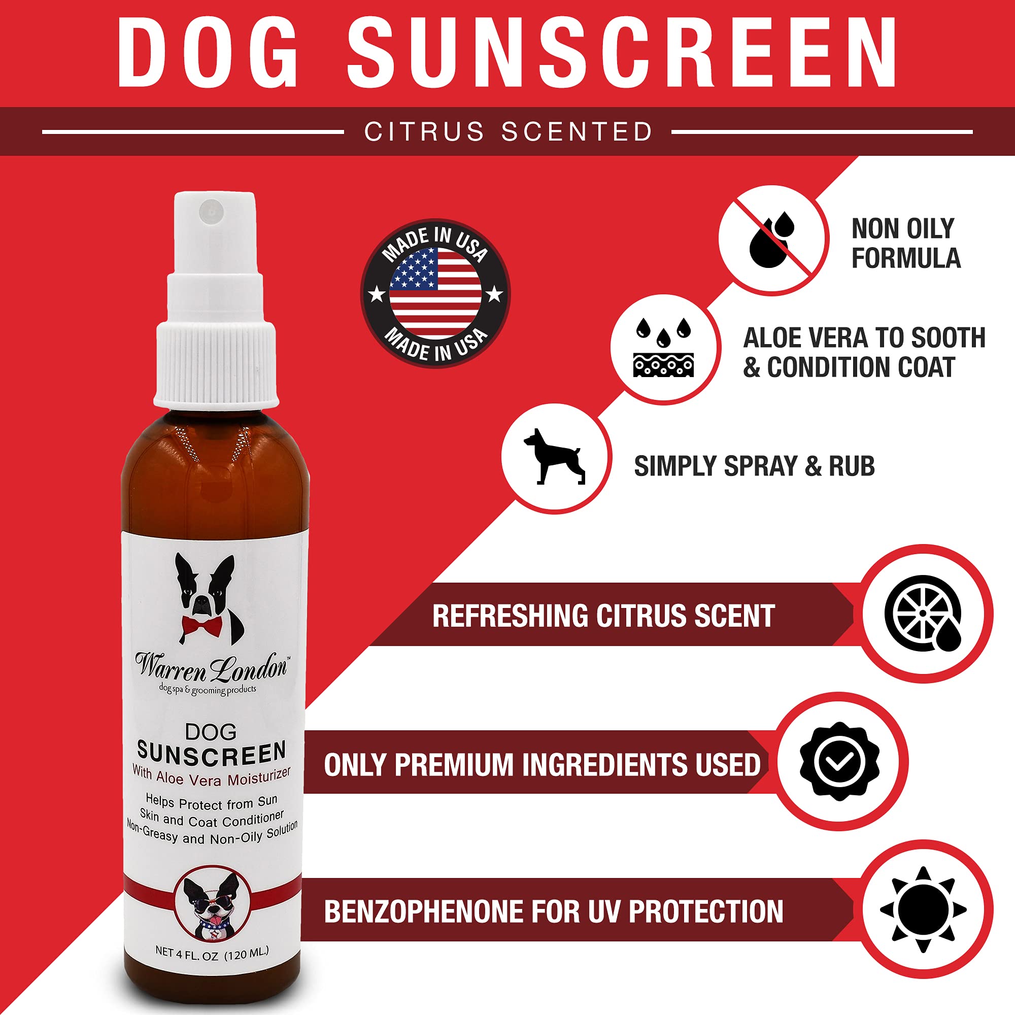 Warren London Dog Sunscreen Spray Protection with Aloe Vera I Dog Skin Soother I Puppy Sunblock I Made in USA- 4oz
