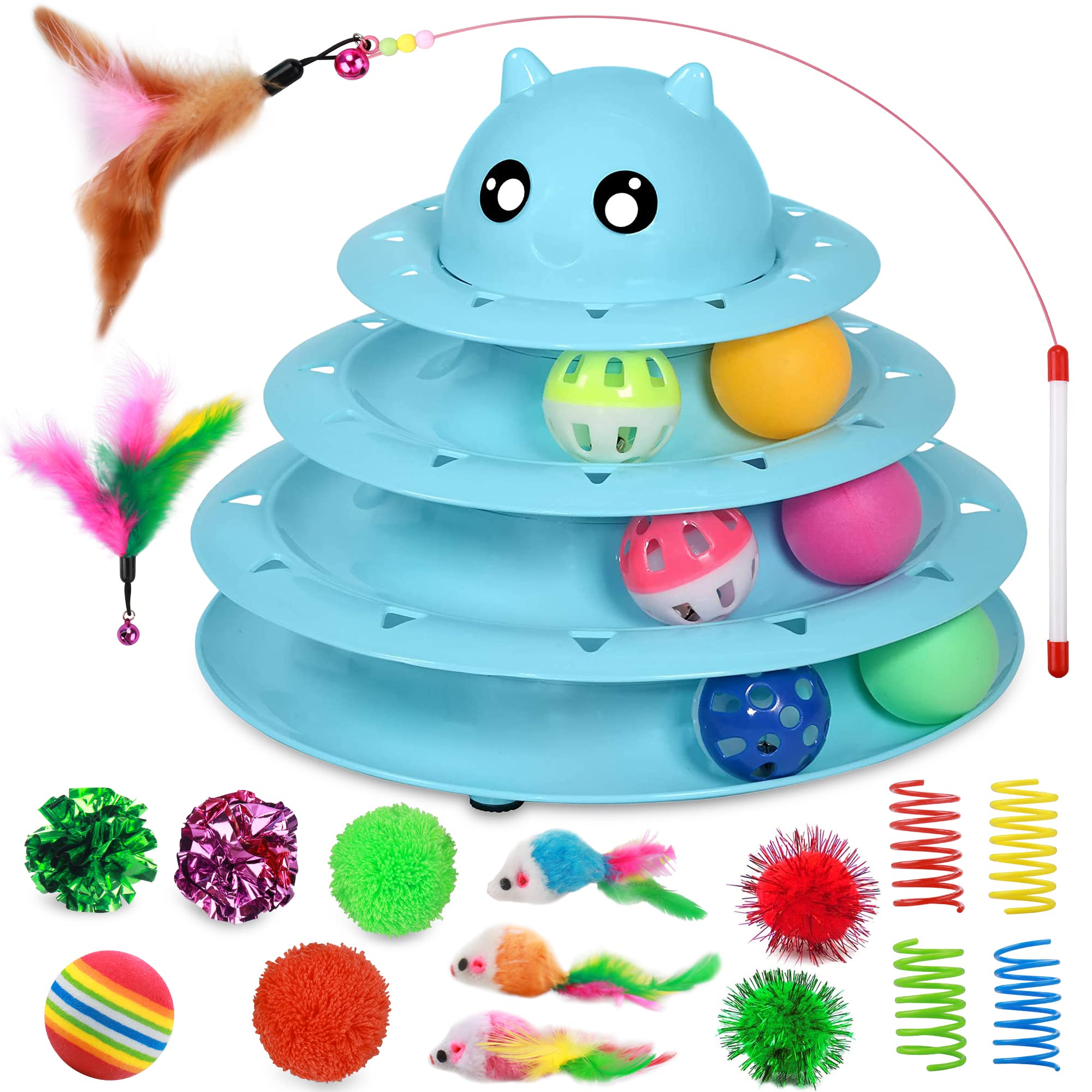UPSKY 20 PCS Cat Roller Toy 3-Level Turntable for Indoor Cats - Kitten Set With Teaser, Mice, Spring, and Various Ball Toys