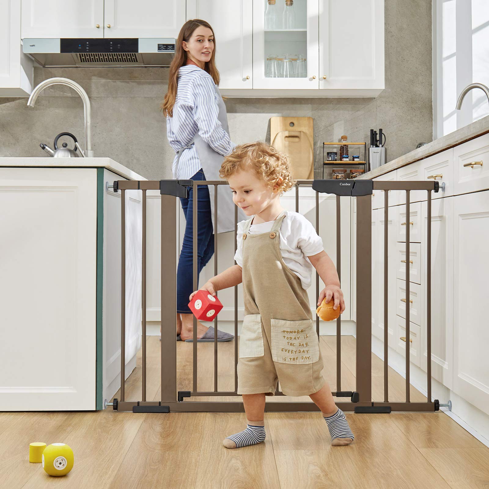 Cumbor 29.7-46' Baby Gate For Stairs, Mom'S Choice Awards Winner-Auto Close Dog Gate For The House, Easy Install Pressure Mounted Pet Gates For Doorways, Easy Walk Thru Wide Safety Gate For Dog, Brown