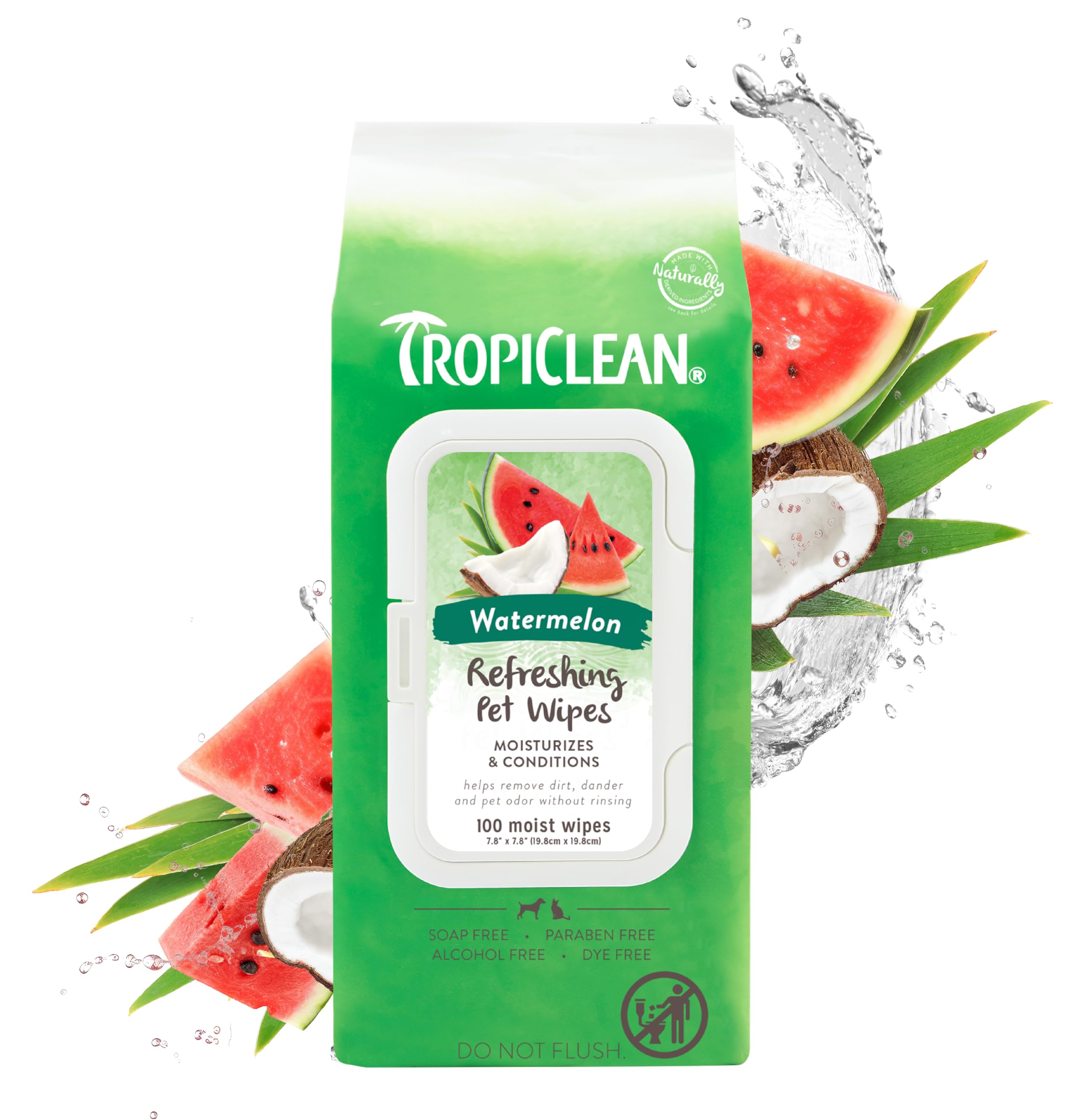 Tropiclean Watermelon Dog Wipes For Paws And Butt | Deep Cleaning Dog Grooming Wipes | Safe For The Face | Cat Friendly | 100 Co