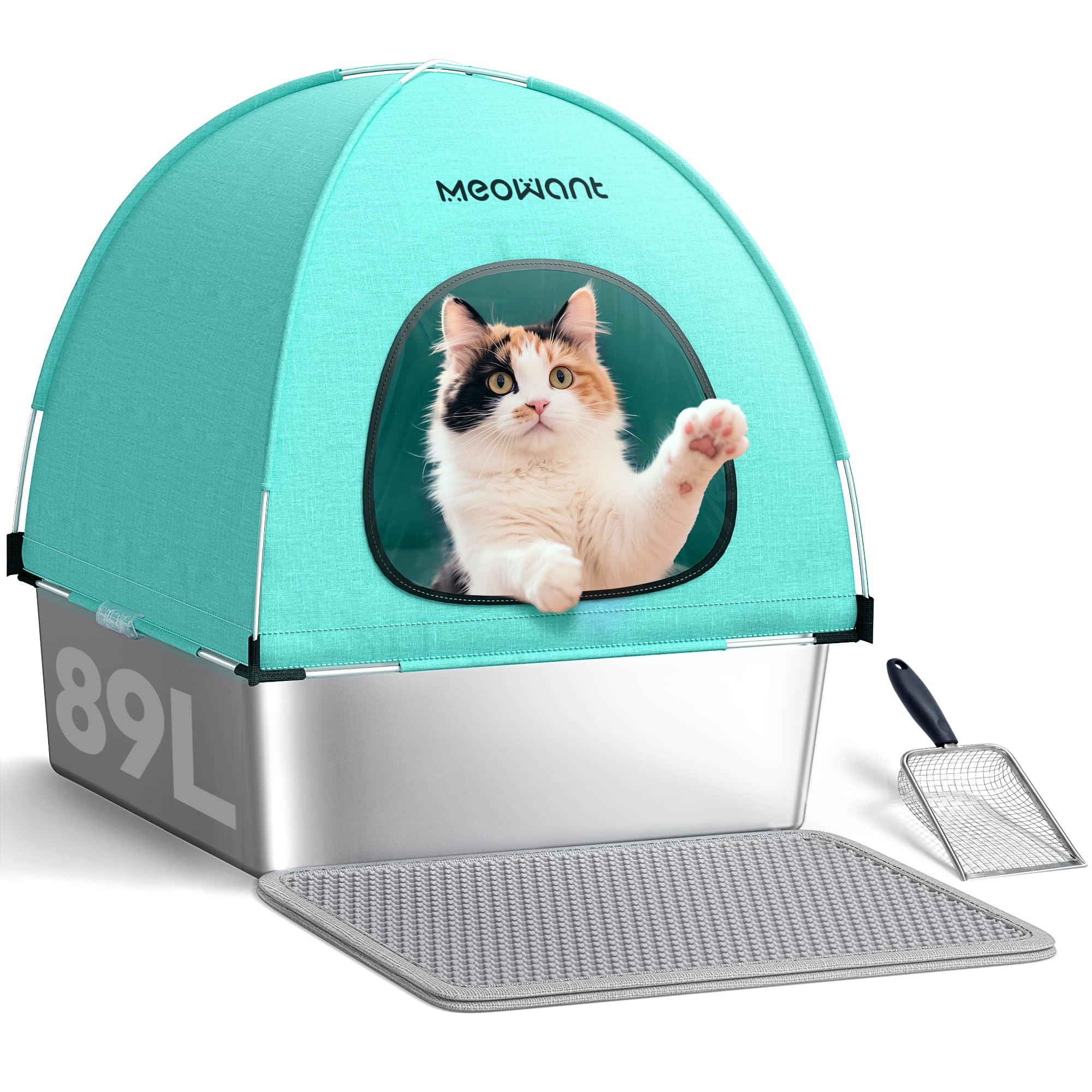 Extra Large 3-in-1 Enclosed Stainless Steel Cat Litter Box with Lid, High-Sided Oxford Cover, Metal Scoop, Odor Free, Leakproof 