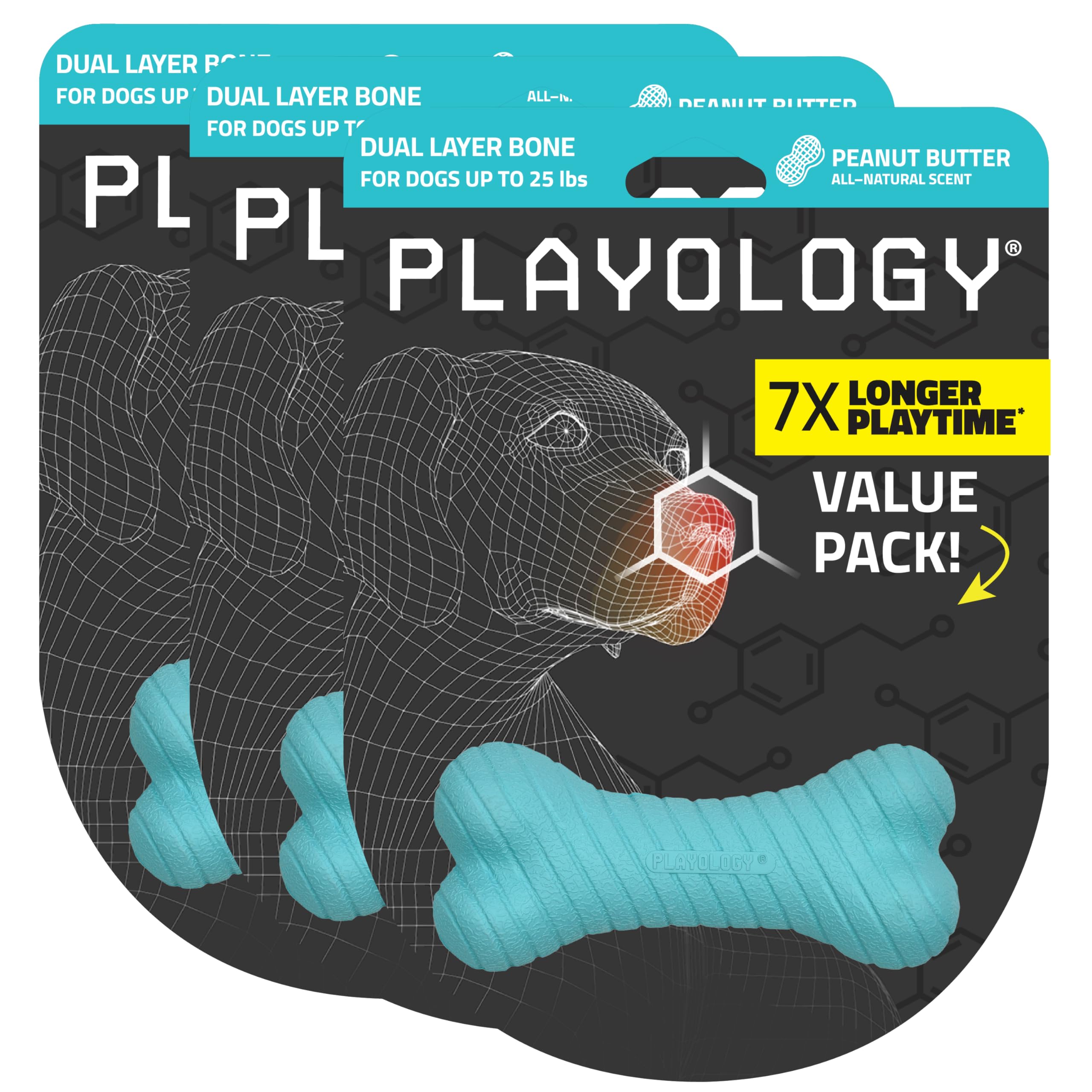 Playology Dual Layer Bone | Engaging All Natural Peanut Butter Scented Dog Toys, Value 3-Pack | Blue Bone For Small Dogs Up To 2