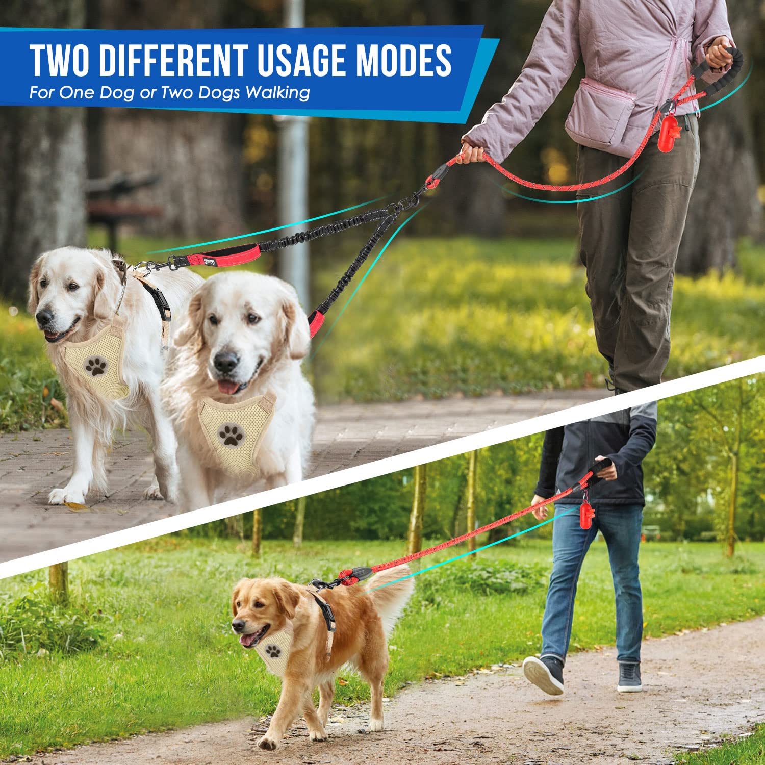 Lukovee Double Dog Leash, No Tangle 360 Swivel Heavy Duty Reflective Lead With Two Padded Handles Dual Dog Splitter, Comfortable