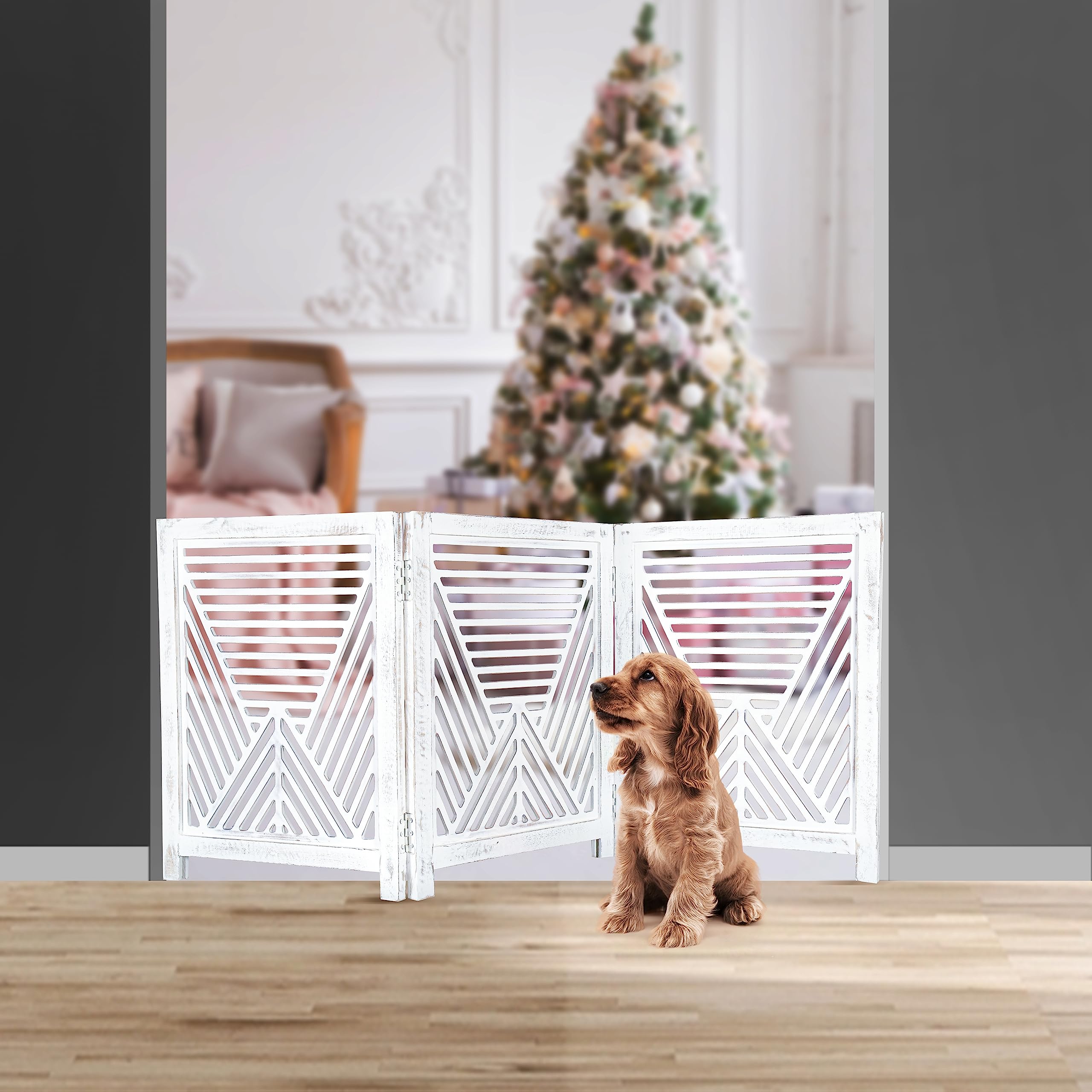 Lightnpro Geometric Wooden Pet Gate - Foldable Freestanding Safety Gate for Dogs, Puppies & Small Pets, Indoor Fence for Stairs,