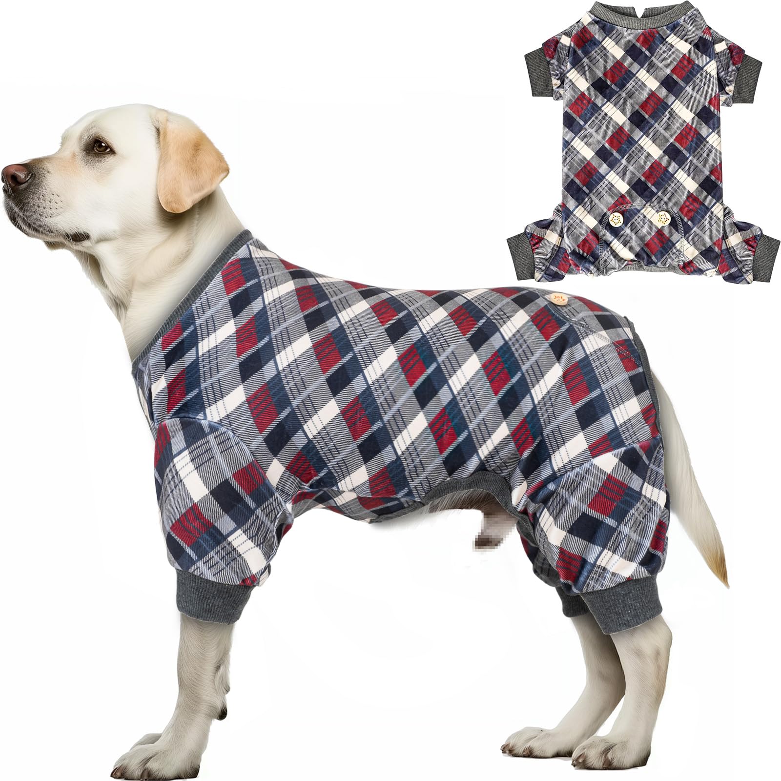 Kyeese Dog Pajamas Large Sized Dog Velvet Pjs Soft Pet Clothes Comfy Coat Stretchy Onesie Plaid Doggie Jammies, Grey, Xxxl