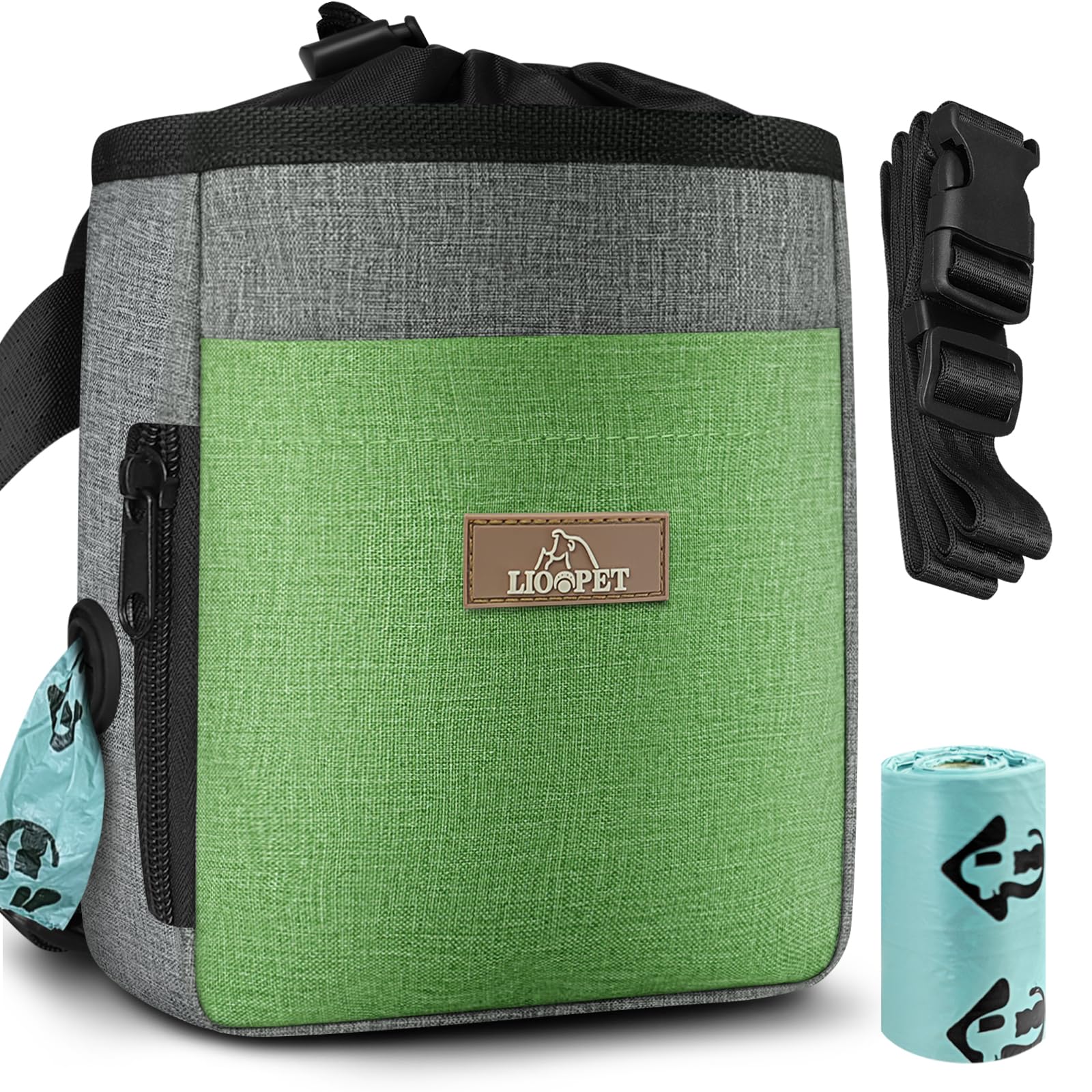 Upgraded large-sized Dog Treat Pouch with waist clip - Fashionable Green&Grey Design - Large Capacity Dog Treat Bag for Dog Walk