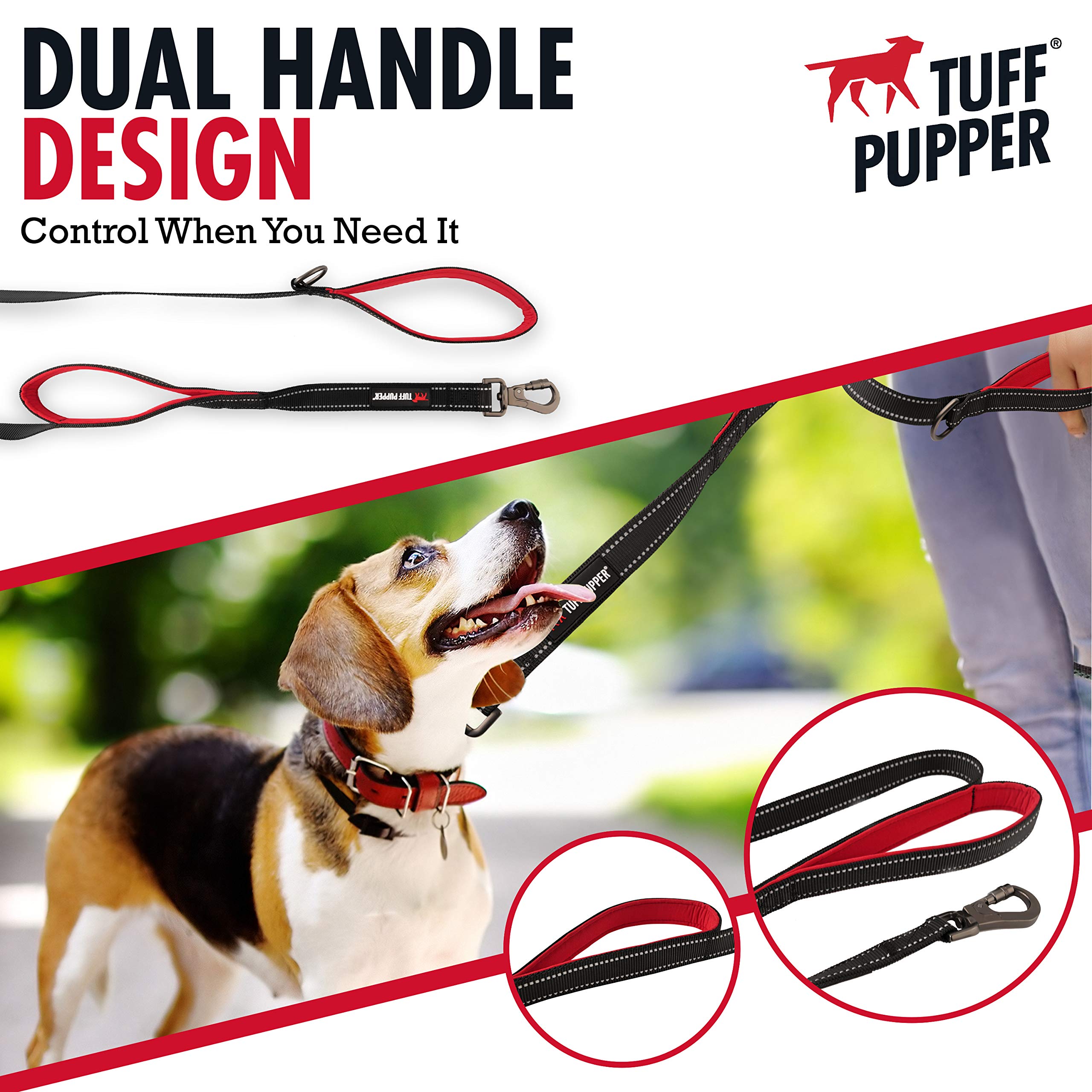 Tuff Pupper Heavy Duty Double Handle Dog Leash | Twist Locking Carabiner Dog Clip | Safety Lock Leash To Hold Strong Dogs | Refl