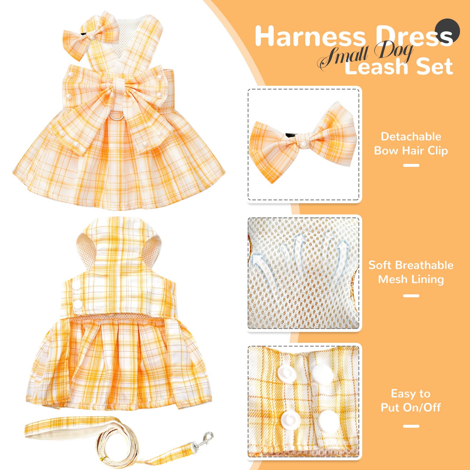 Petcare Cute Dog Dress Clothes For Small Dogs Cats Girl Female Yellow Plaid Bow Tie Dog Harness Dresses Leash Set With Pearls Bo