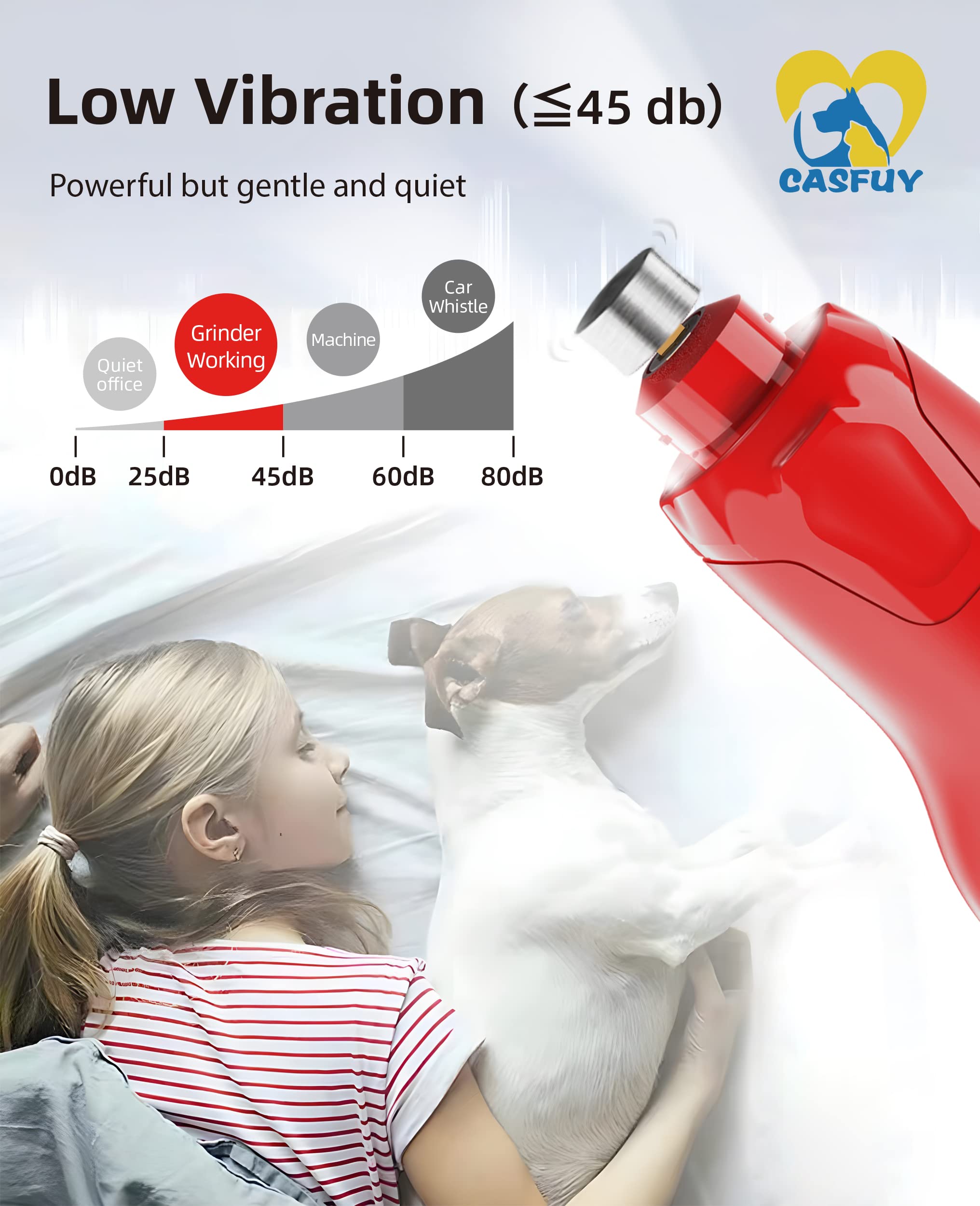 Casfuy Dog Nail Grinder Quiet - (45Db) 6-Speed Pet Nail Grinder With 2 Led Lights For Large Medium Small Dogs/Cats, Professional 3 Ports Rechargeable Electric Dog Nail Trimmer With Dust Cap(Red)