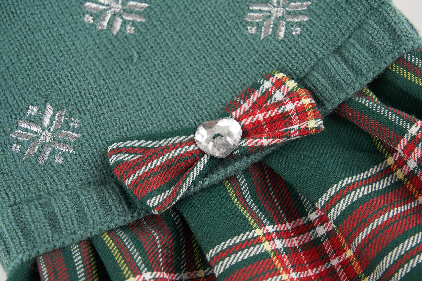 Green Embroidery Snowflake Chihuahua Clothes, Holiday Festive Christmas Dog Sweater Dress For Girl Puppy, Plaid Cat Outfit, X-Small (Xs) Size Back Length 9'