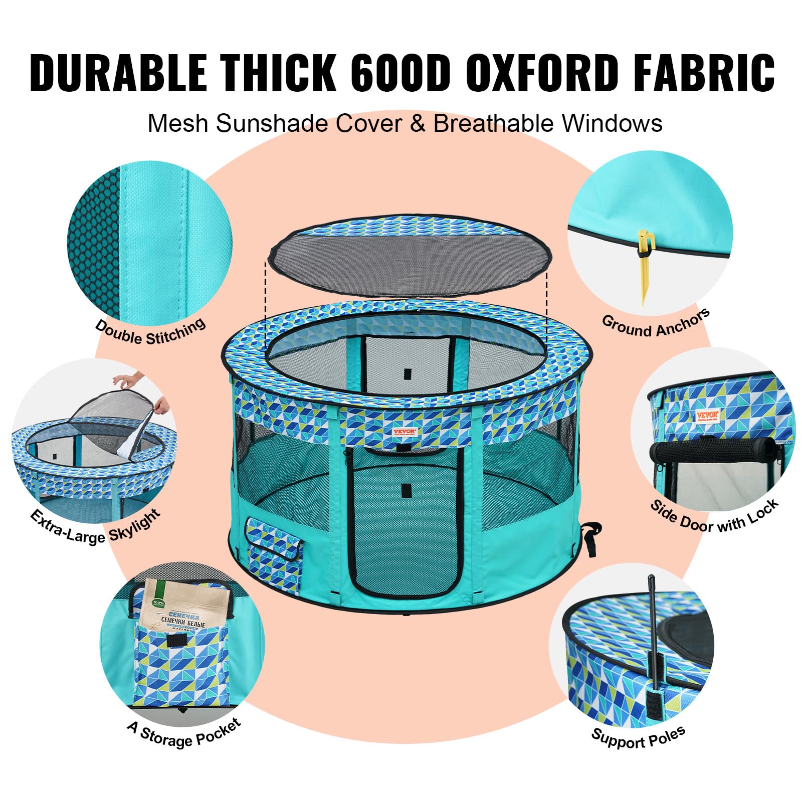 VEVOR Foldable Pet Playpen, 44 x 44 x 24 Portable Dog Playpen, Crate Kennel for Puppy, Dog, Cat, Waterproof 600D Oxford Cl