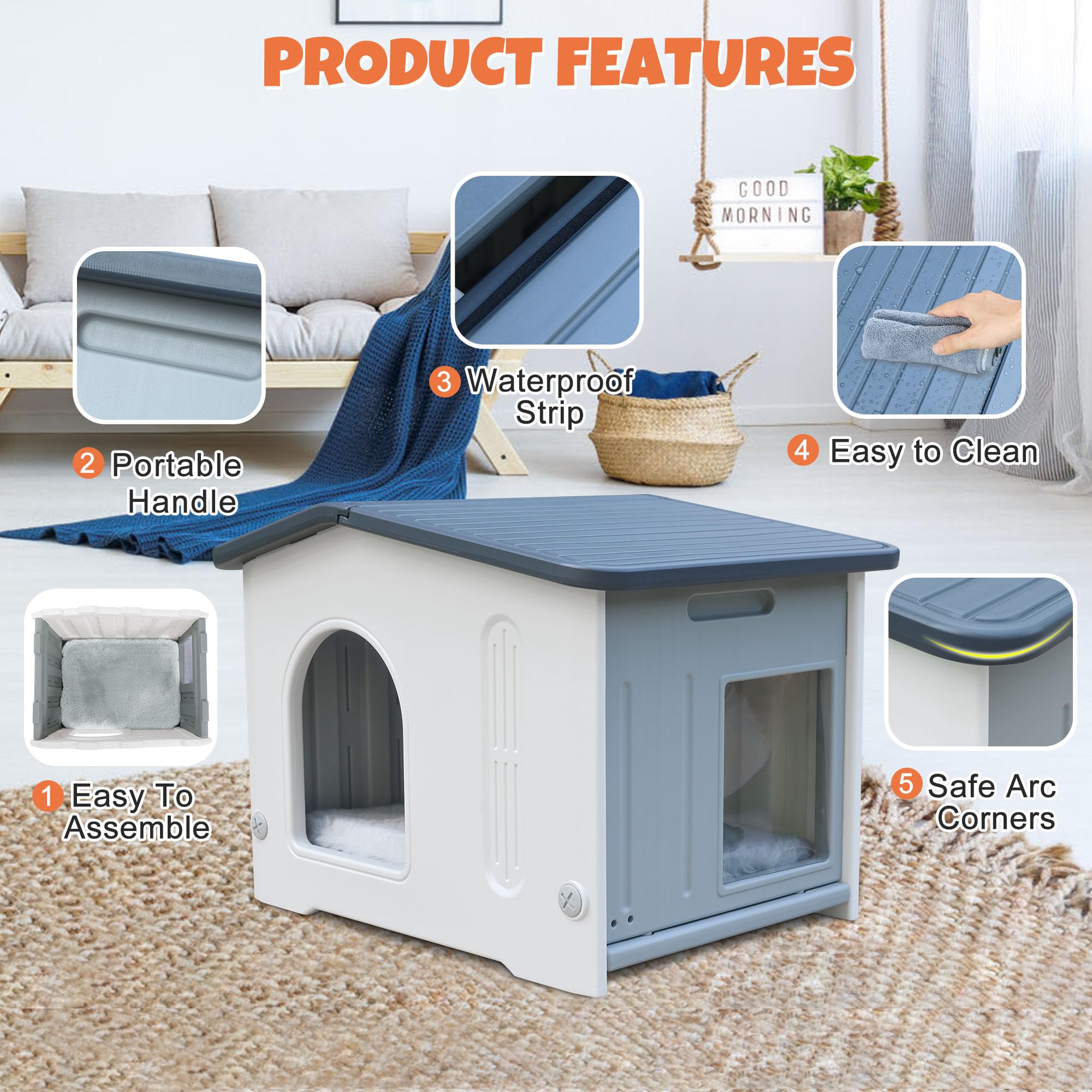 CSQOO Waterproof Outdoor Cat House for Feral Cats, Plastic, Grey with Mat, Model cs4011, Easy Assembly