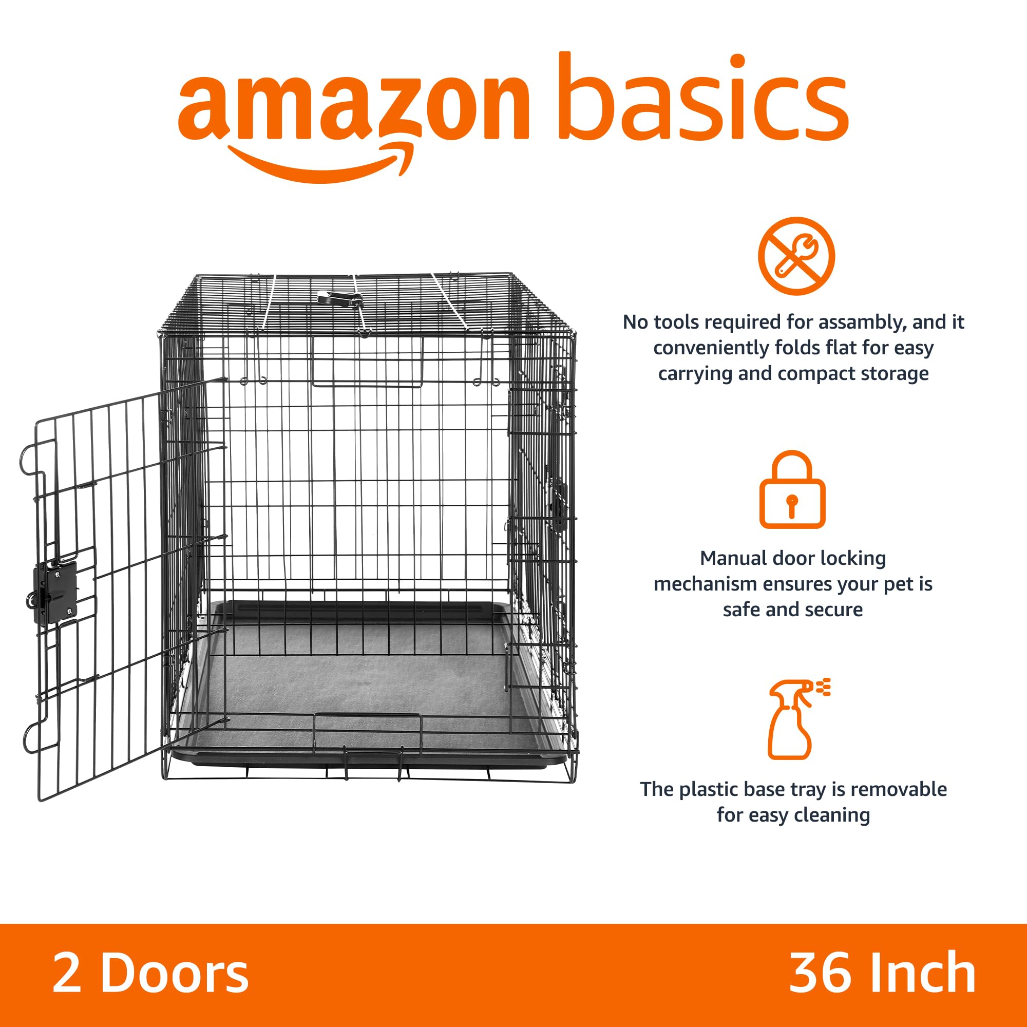 Amazon Basics Durable, Foldable Metal Wire Dog Crate With Tray, Double Door, 36 X 23 X 25 In, Black