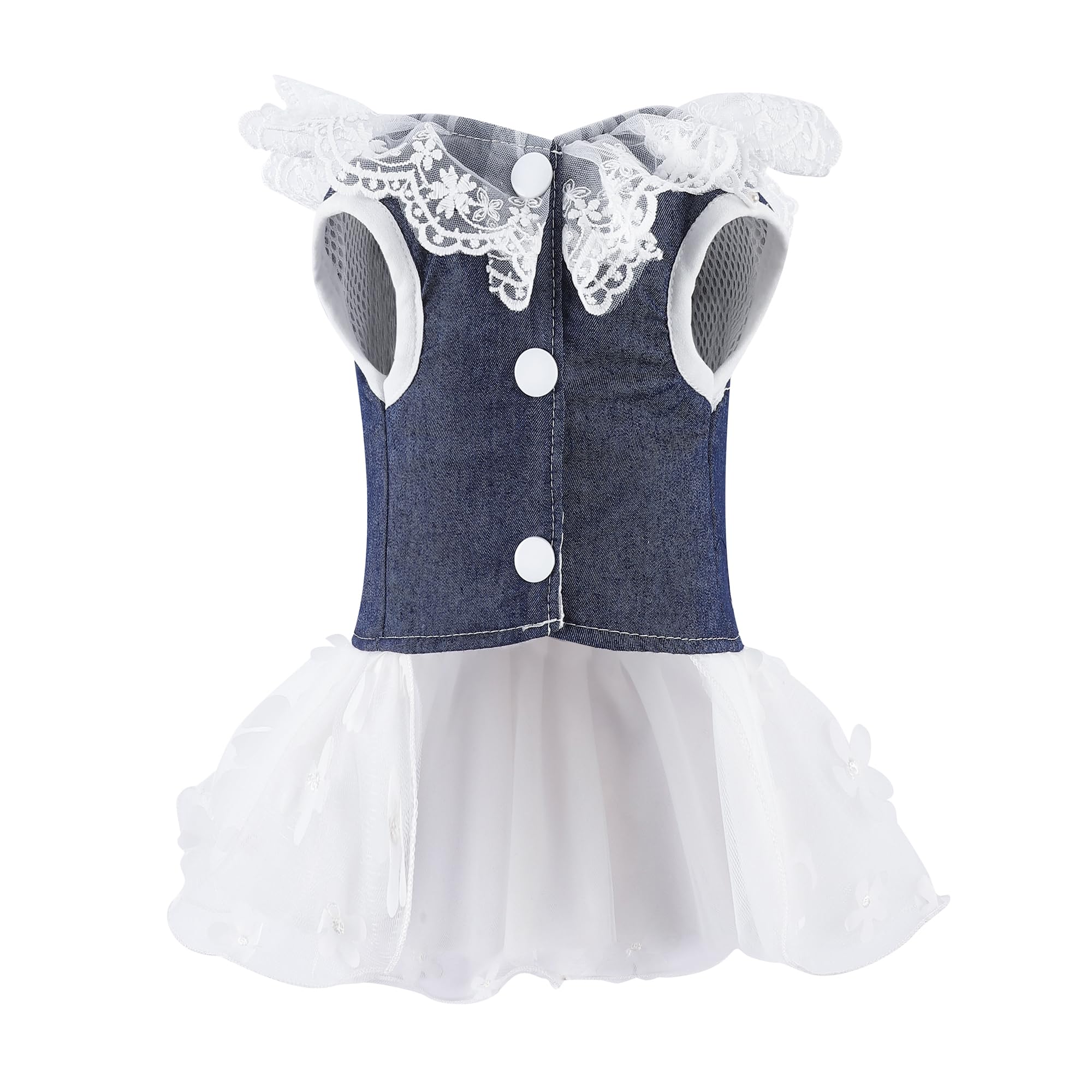 Dog Denim Dress With Leash Ring, Puppy Bowknot Lace Mesh Princess Skirt For Small Pet Fashion Clothes(Navy,X-Small)