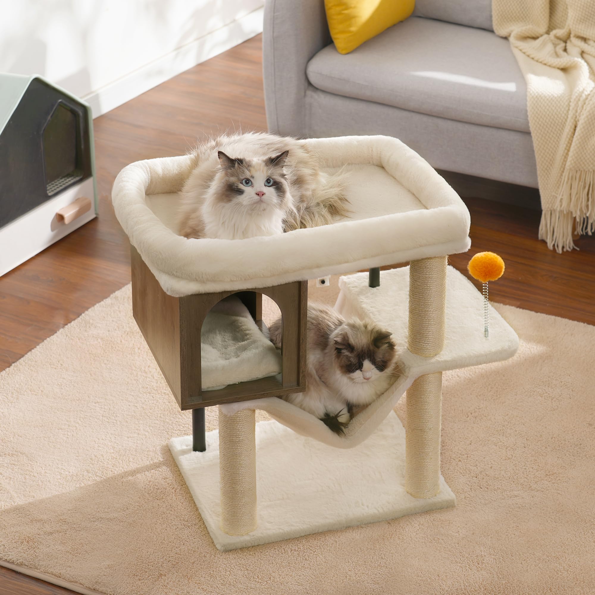 Heybly Cat Tree Tower, Wooden Cat Condo Cave For Indoor Kittens, Large Platform For Adult Cat, Big Padded Perch For Maine Coon,