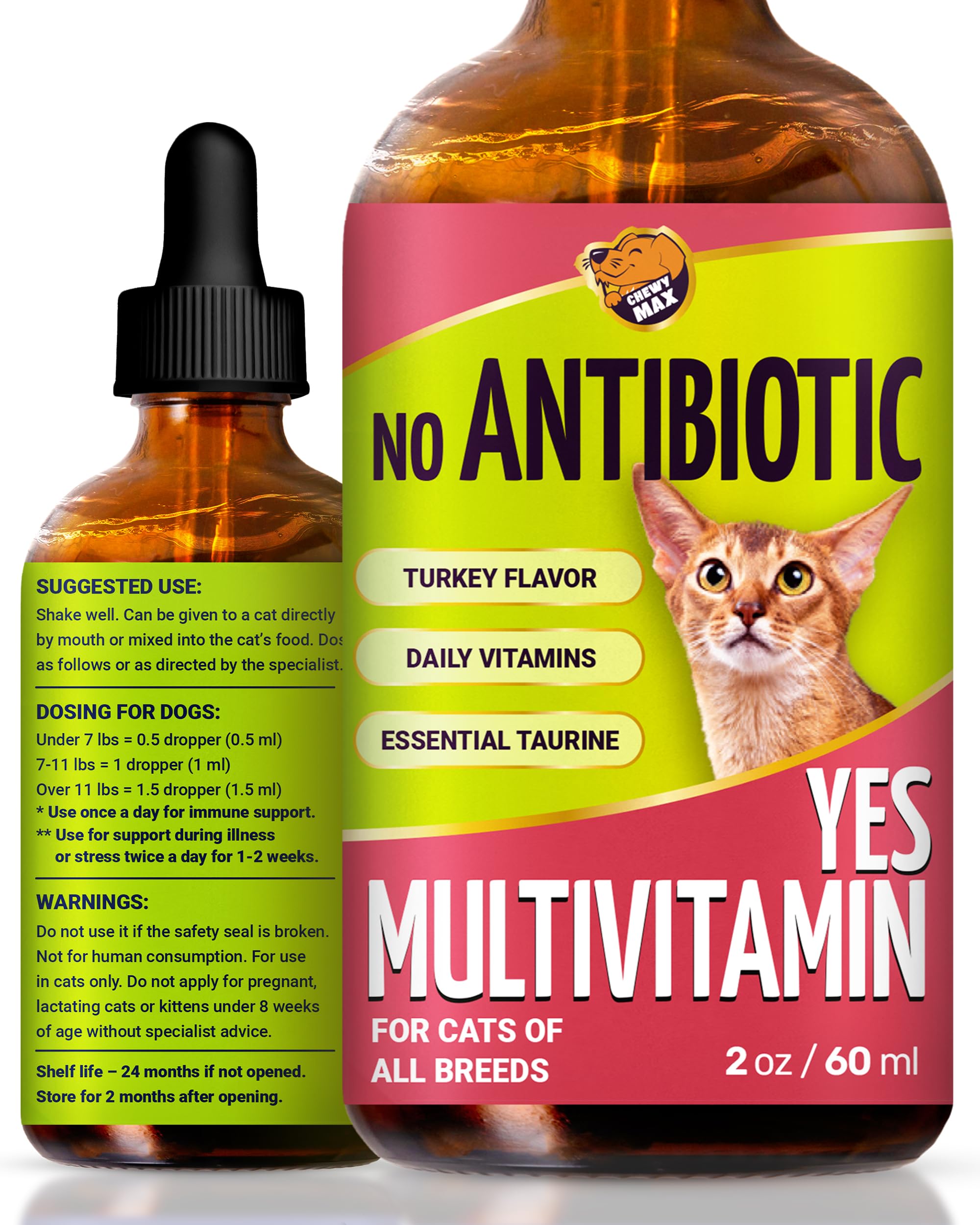 Cat Multivitamin Complex with Turkey Flavor - Natural Cat Antibiotic Liquid Alternative to Help with Allergies, UTIs & Cough - H