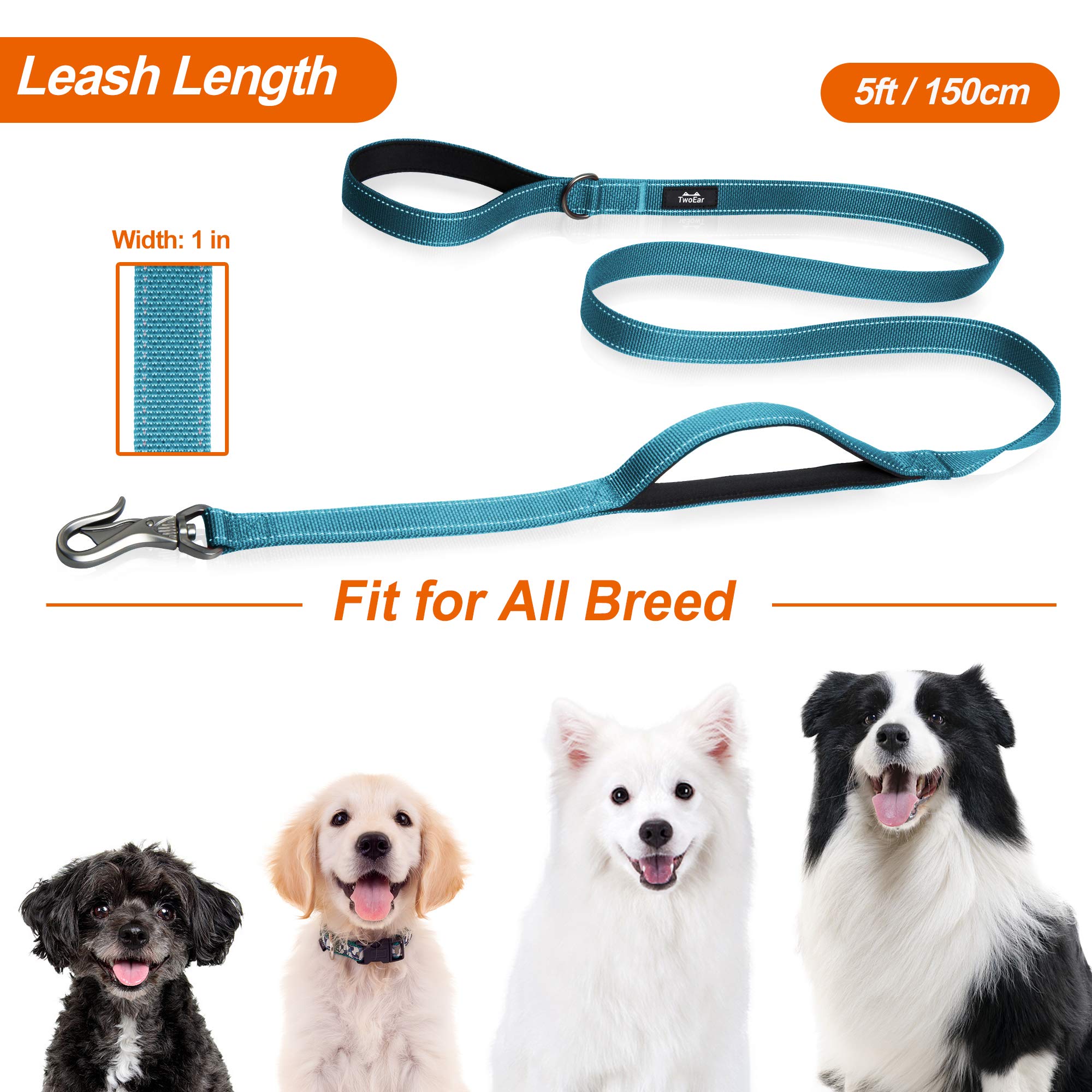 Twoear 5Ft 1In Strong Blue Dog Leash With 2 Padded Handles, Traffic Handle Extra Control, Comfortable Soft Dual Handle, Auto Lock Hook, Reflective Walking Lead For Small Medium And Large Dogs