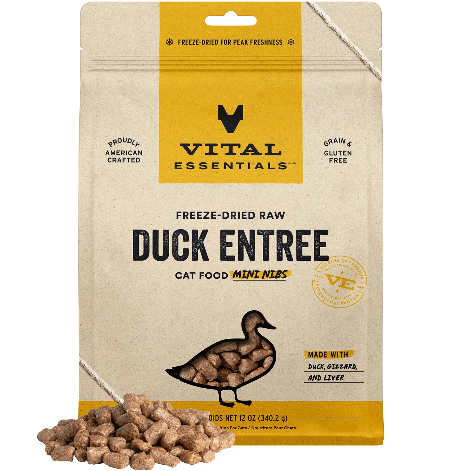 Vital Essentials Freeze Dried Raw Cat Food, Duck Mini Nibs Entree, 12 oz