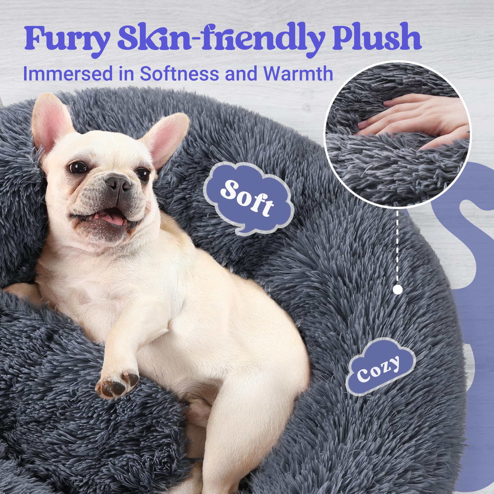 Rabbitgoo Cat Beds For Indoor Cats, 24 Inches Cat Bed Machine Washable, Fluffy Round Pet Bed Non-Slip, Calming Soft Plush Donut Cuddler Cushion Self Warming For Small Dogs Kittens, Dark Grey, Large