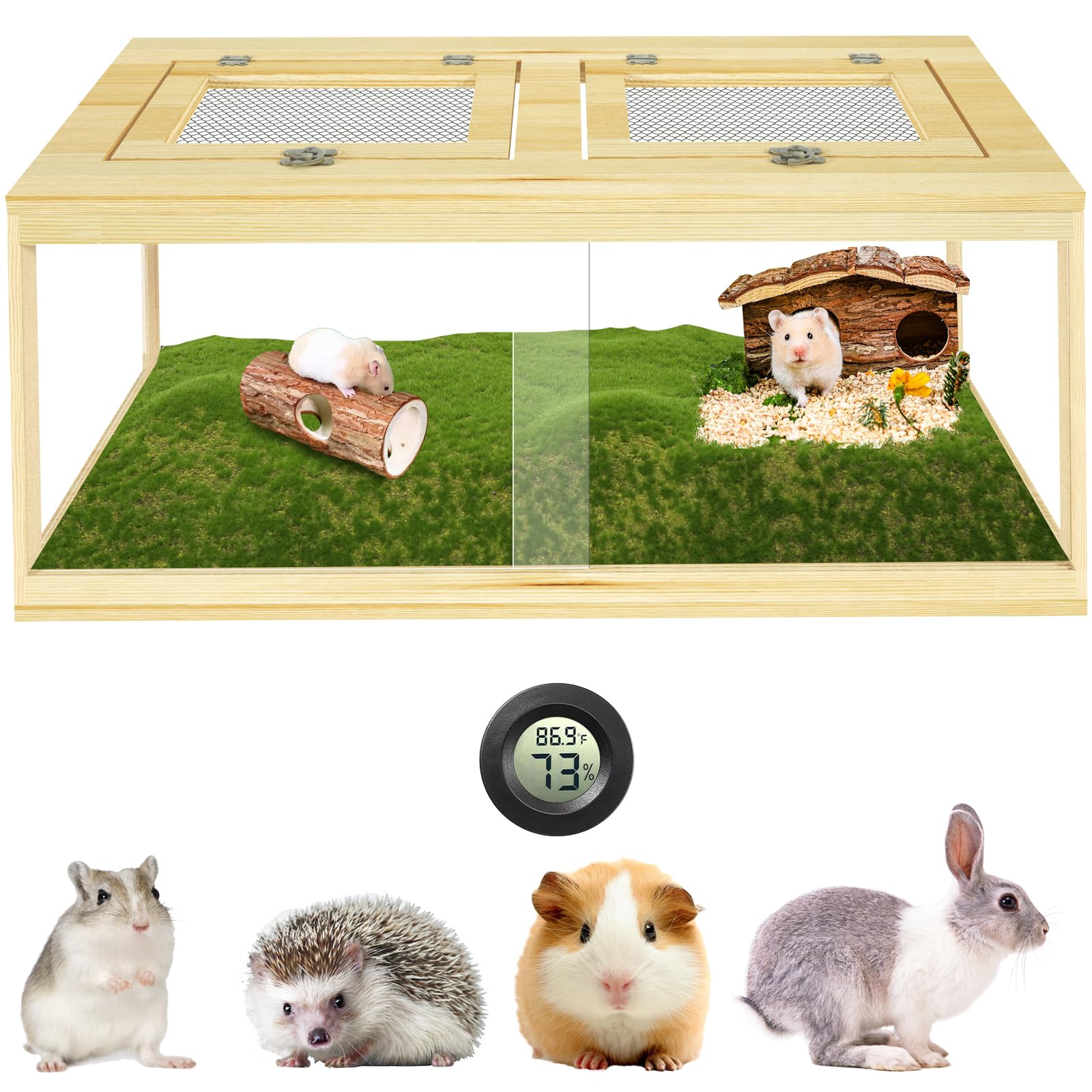 32'' Hamster Habitat Enclosure, Lockable Sliding Door Gerbil Cage, Dwarf Hamster Cage With Metal Mesh Roof, Chewproof Syrian Ham