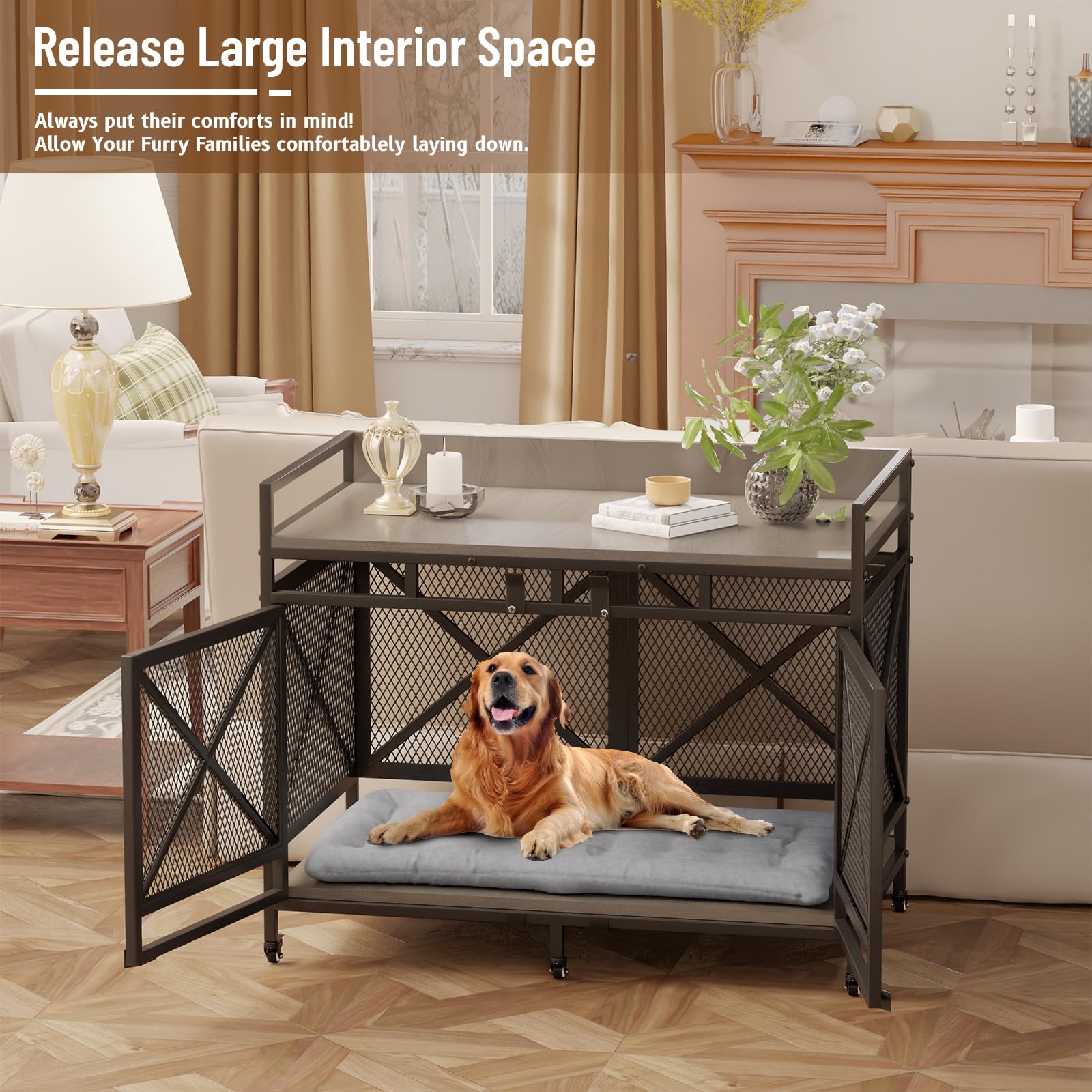 COZPAW Large Dog Crate Furniture, 48 Inch Wooden Dog Kennel for XLarge Dogs, Heavy Duty Dogs Furniture Indoor Wire Dog Cage with