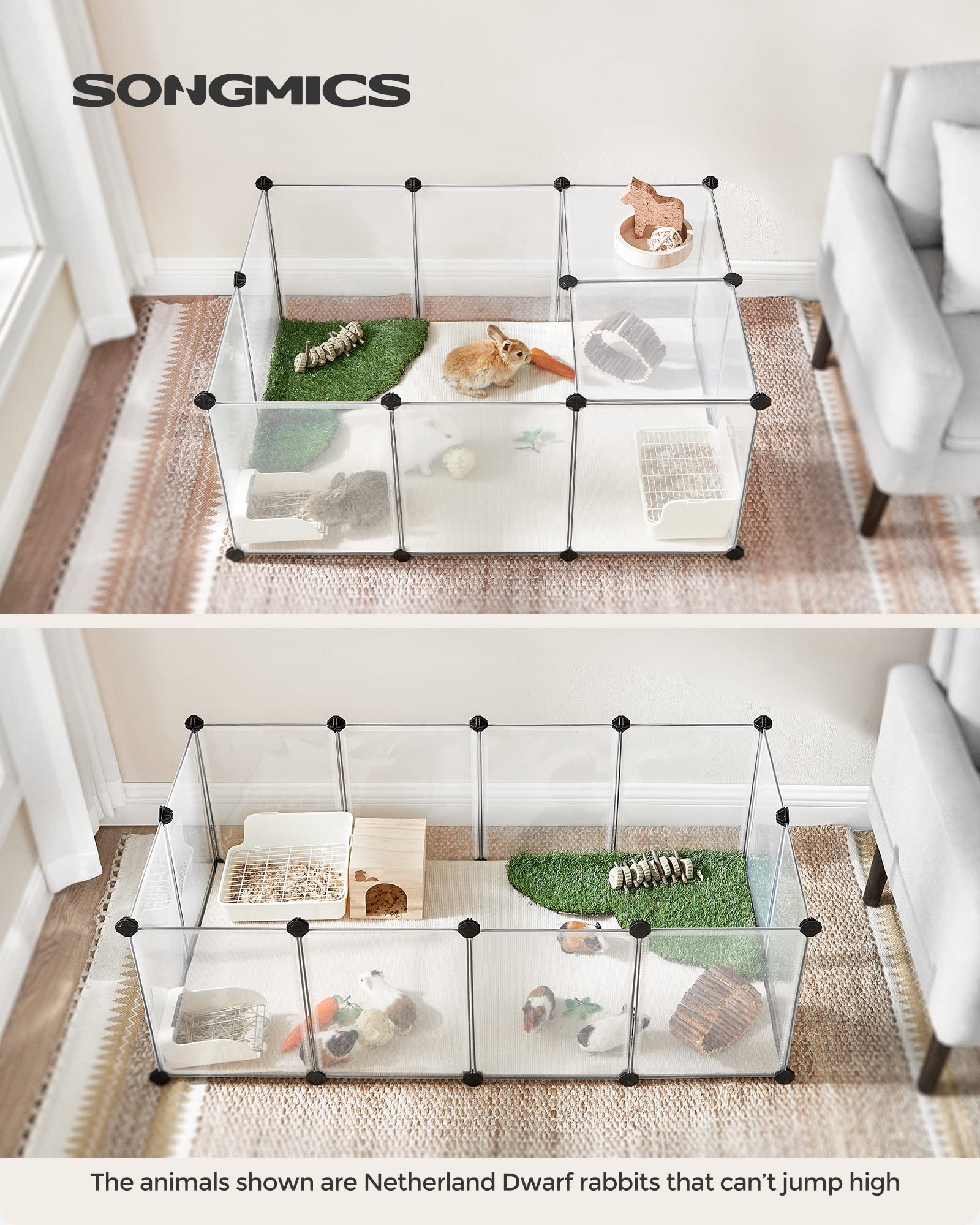 Songmics 20 Panels Pet Playpen With Floor, Small Animal Playpen, Pet Fence Indoor, Diy Plastic Enclosure For Guinea Pigs, Bunny, Hamsters, Hedgehogs, 49.2 X 24.8 X 16.5 Inches, White Ulpc001W01