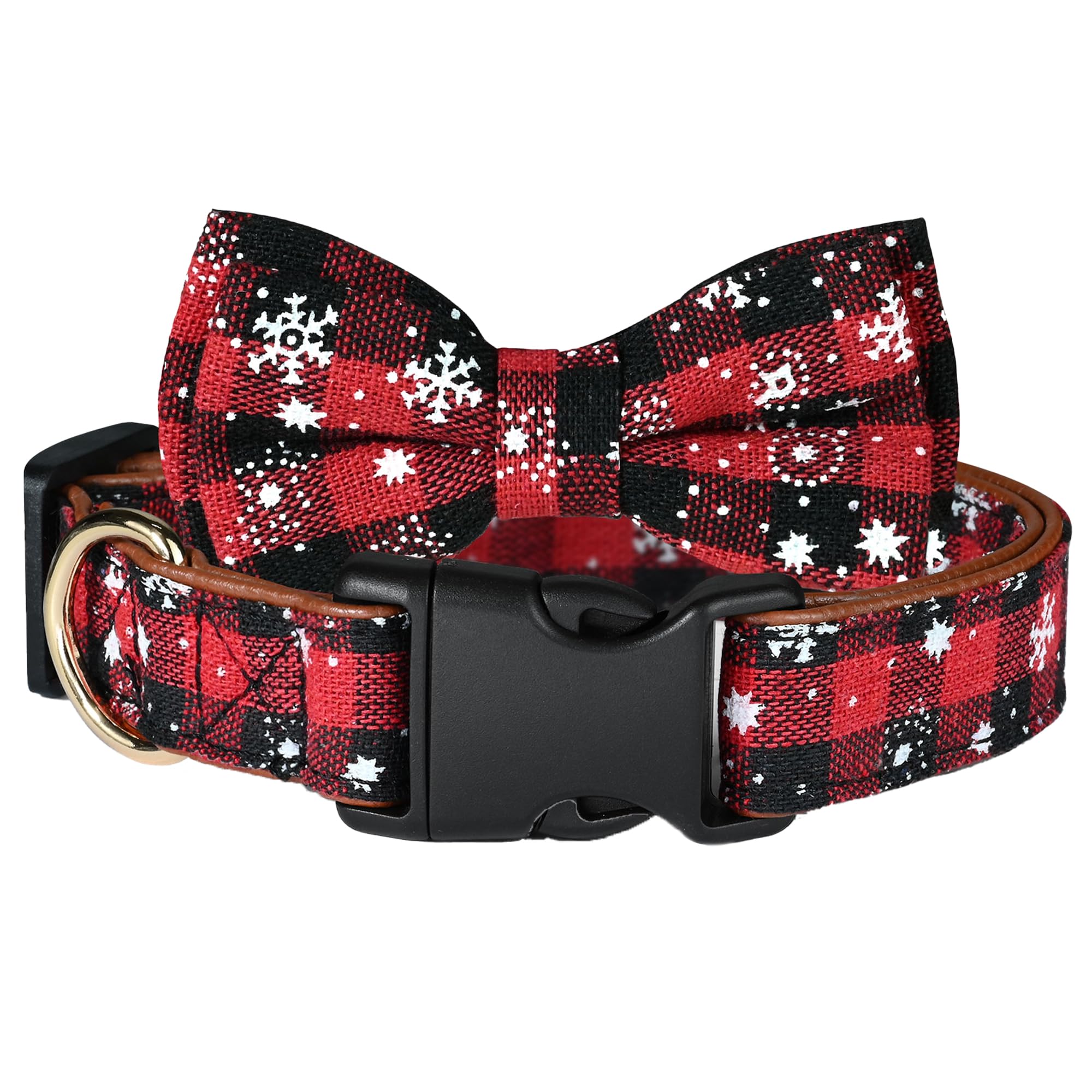 Wipalor Adjustable Christmas Dog Collar Girl Boy With Detachable Bowtie, Classic Plaid Snowflake Dog Christmas Collar, Soft Leat