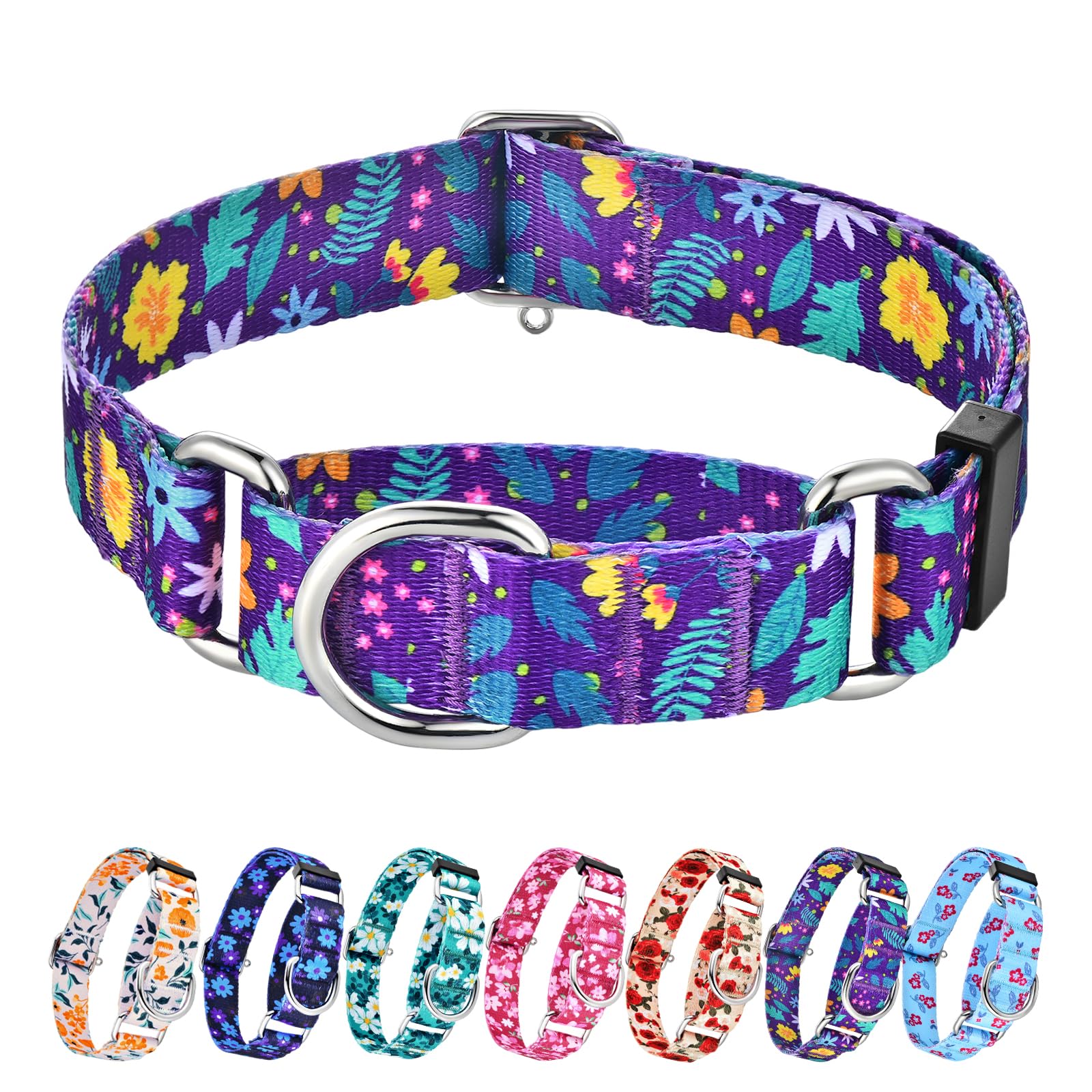Hikiko Martingale Collar For Dogs With No Buckle Flower Dog Collars Pretty Cute Purple Dog Collar For Medium Dogs,Colourful Blos