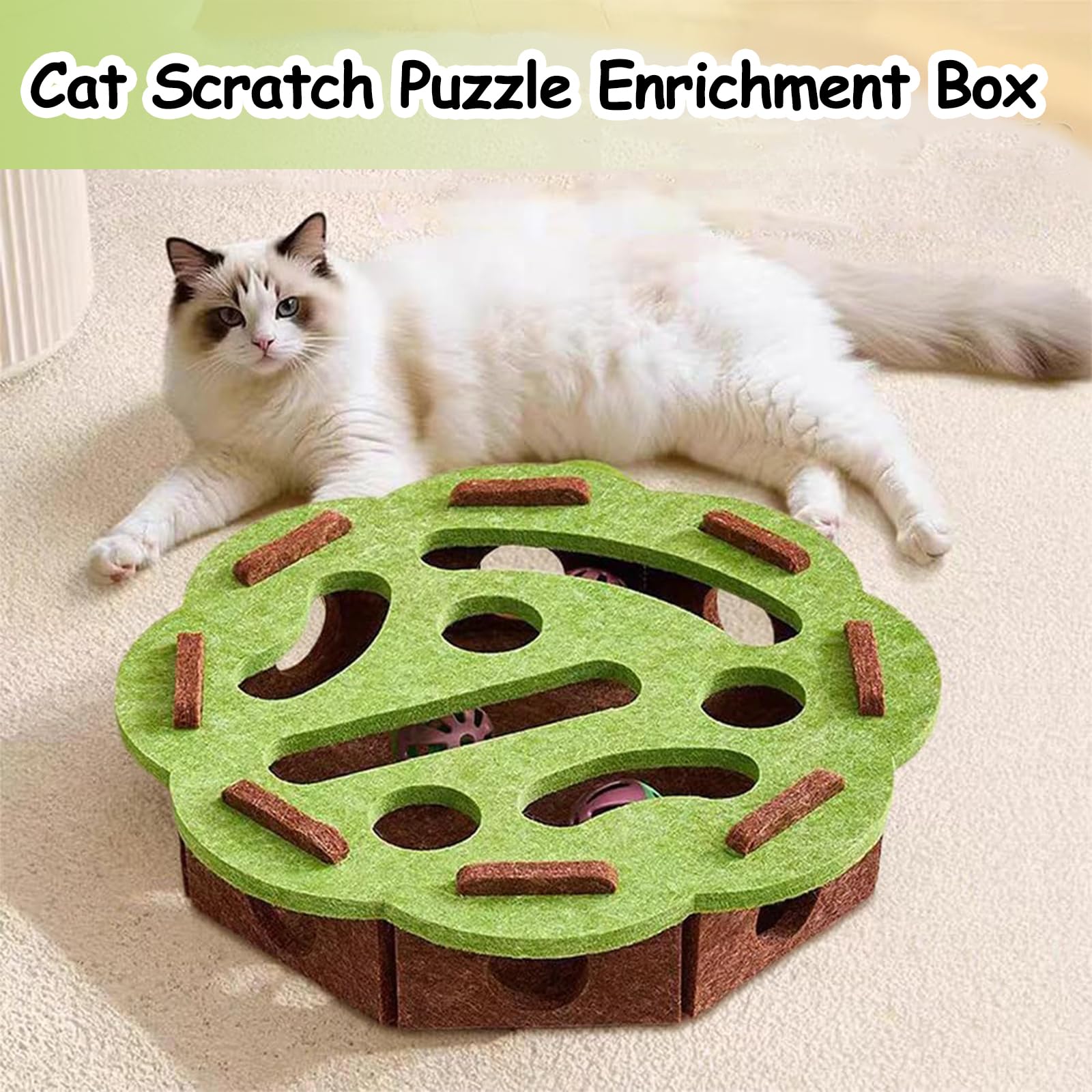 Vingtank Cat Scratch Puzzle Enrichment Box, Cat Nail File Enrichment Box, Interactive Felt Cats Puzzle Toy with Bell for Indoor
