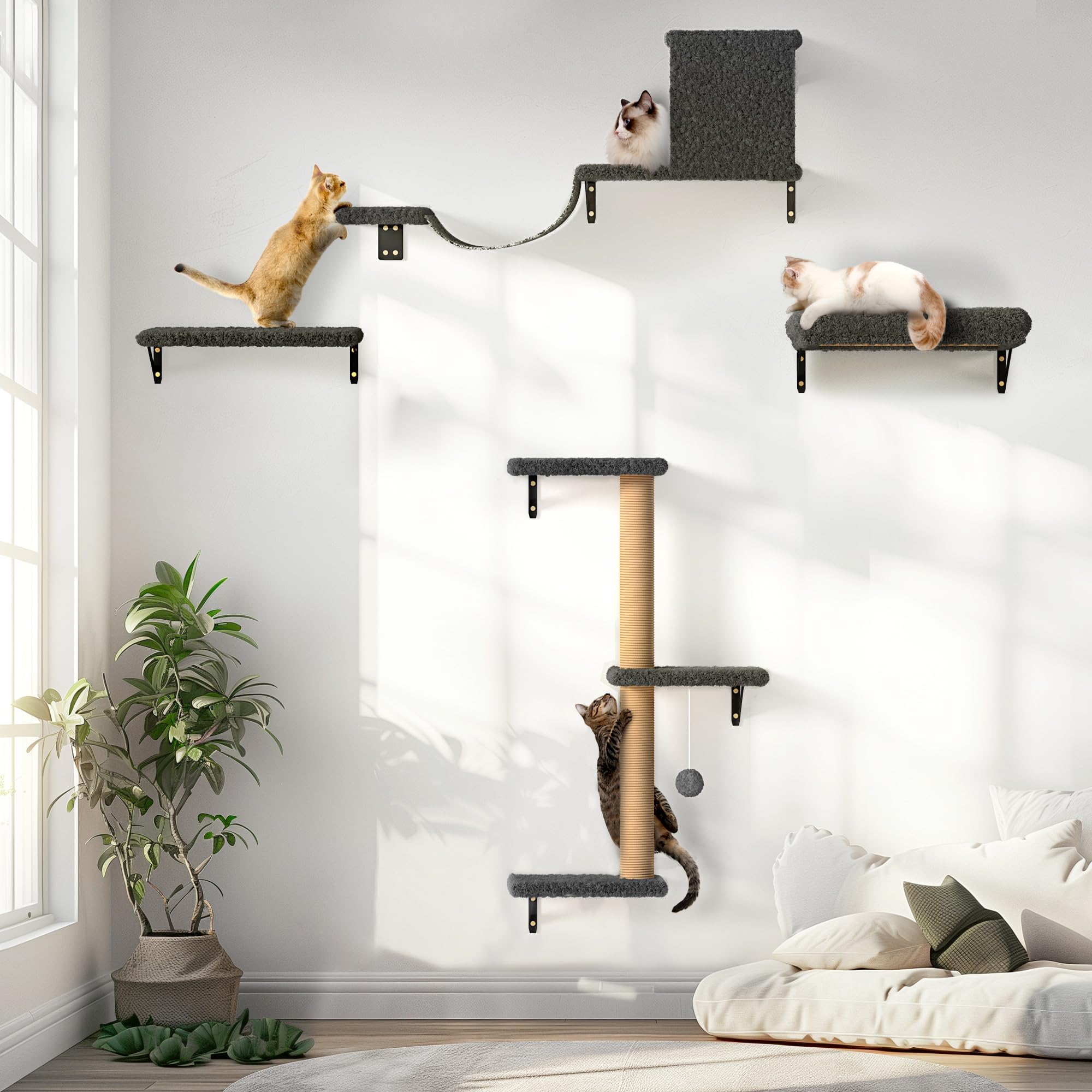 Fukumaru Cat Wall Shelves, Stable & Safe 4 In 1 Cat Furniture Set, Wooden Climbing Wall With Scratching Post For 16 Inch Drywall