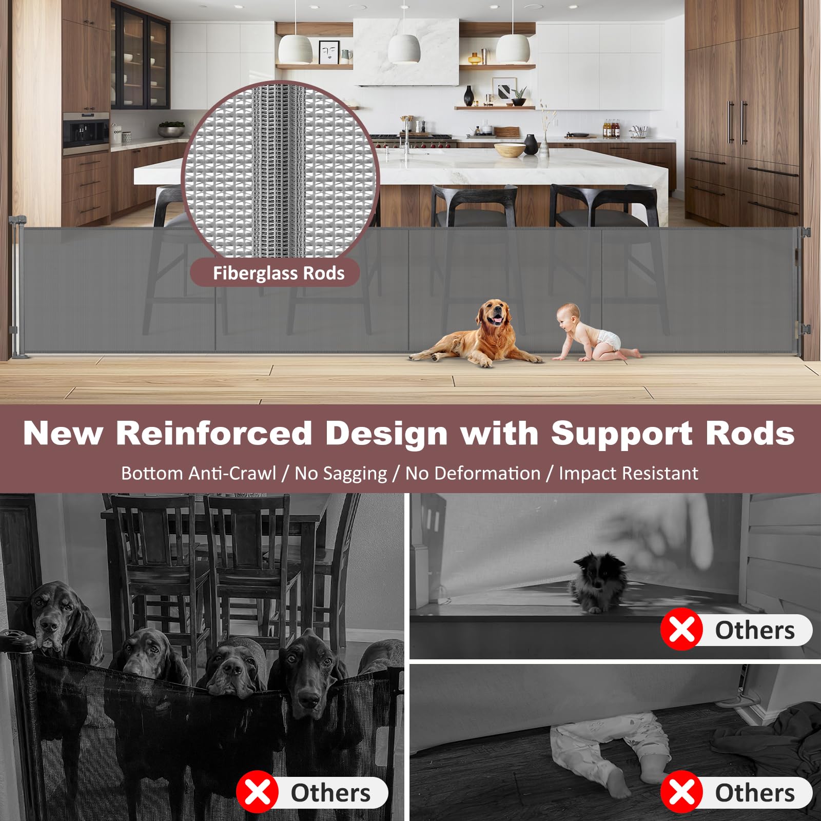 GRENFU Retractable Dog Gate - 41" Tall x 200" Wide, Gray, Extra Wide Indoor/Outdoor Baby Fence with Support Rods, Model TH-A131
