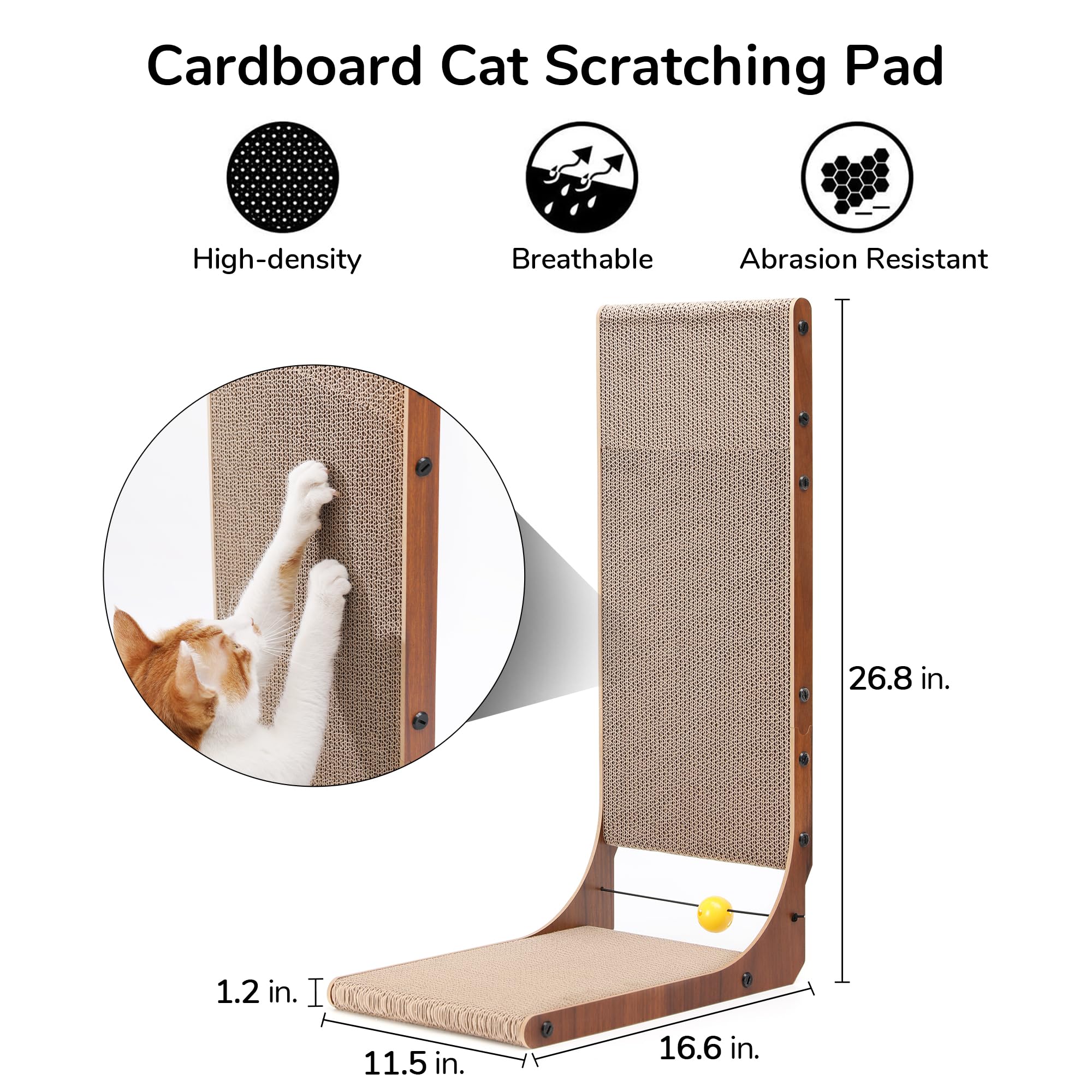 FUKUMARU Cat Scratcher, 26.8 Inch Cat Scratch Pad for Indoor Cats, L Shaped Cardboard Vertical Cats Scratching Board with Ball T