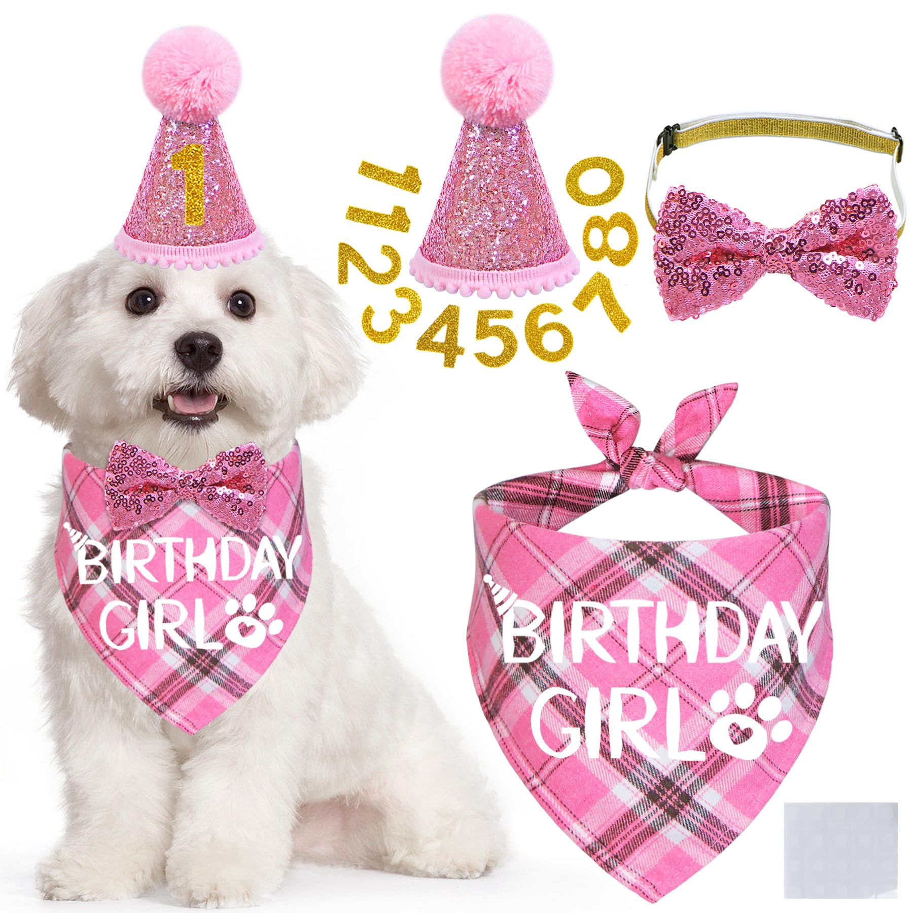 STMK Dog Birthday Outfits, Multi Size Dog Birthday Hat Dog Birthday Girl Bandana Bow Tie Birthday Numbers for Small Medium Dogs 