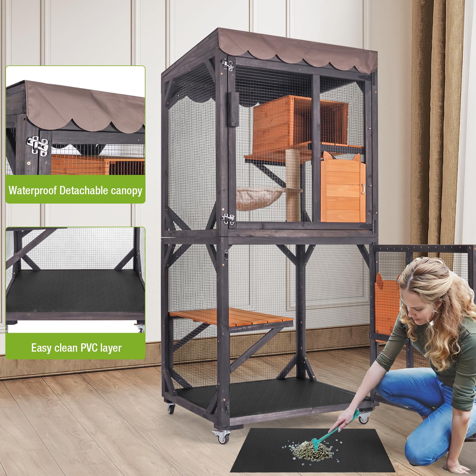 Gutinneen Catio Outdoor Cat Enclosure Mobile Cat House Indoor On Wheels With Scratch Post,Hammock,Resting Box,Platform,Tarp Roof