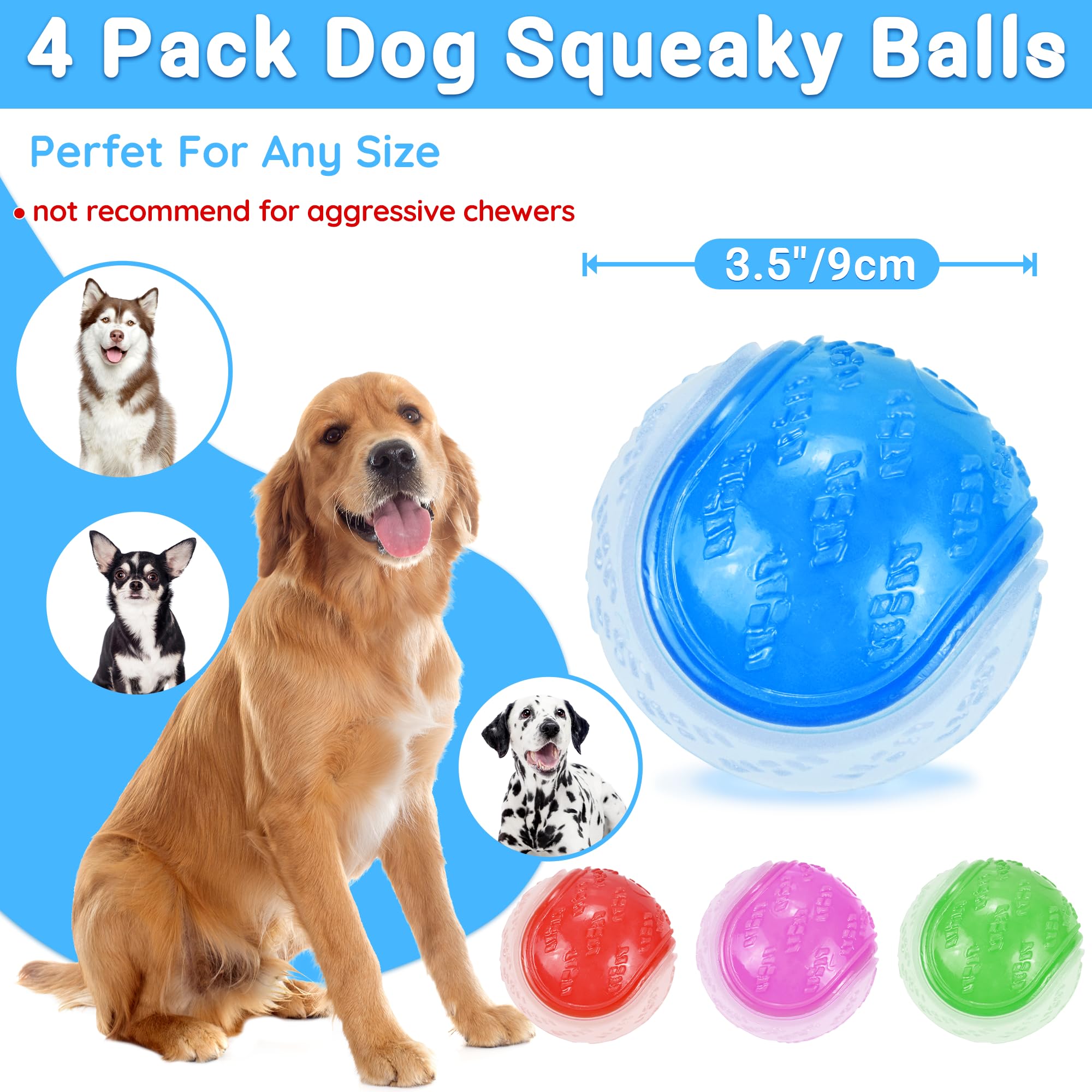 Lechong Glow Dog Ball, 3.5    Squeaky Dog Toy Ball, Dog Rubber Ball Toys For Small And Medium Large Dogs, Durable Dog Fetch Toys