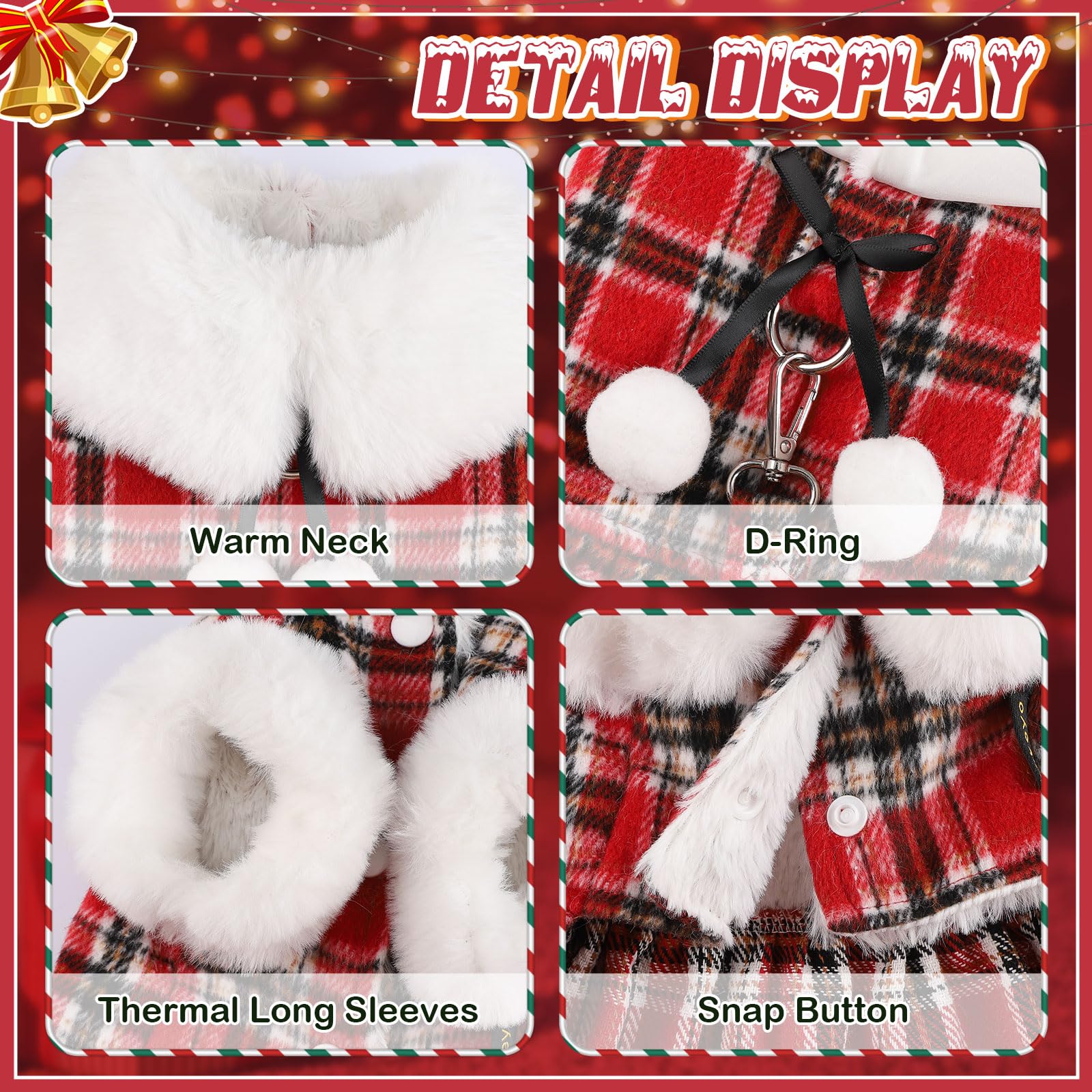 Plaid Dog Harness Dress And Leash Set, Fleece Puppy Sweater For Small Dogs Girl, Winter Warm Puppy Clothes With D Ring, Red Pet