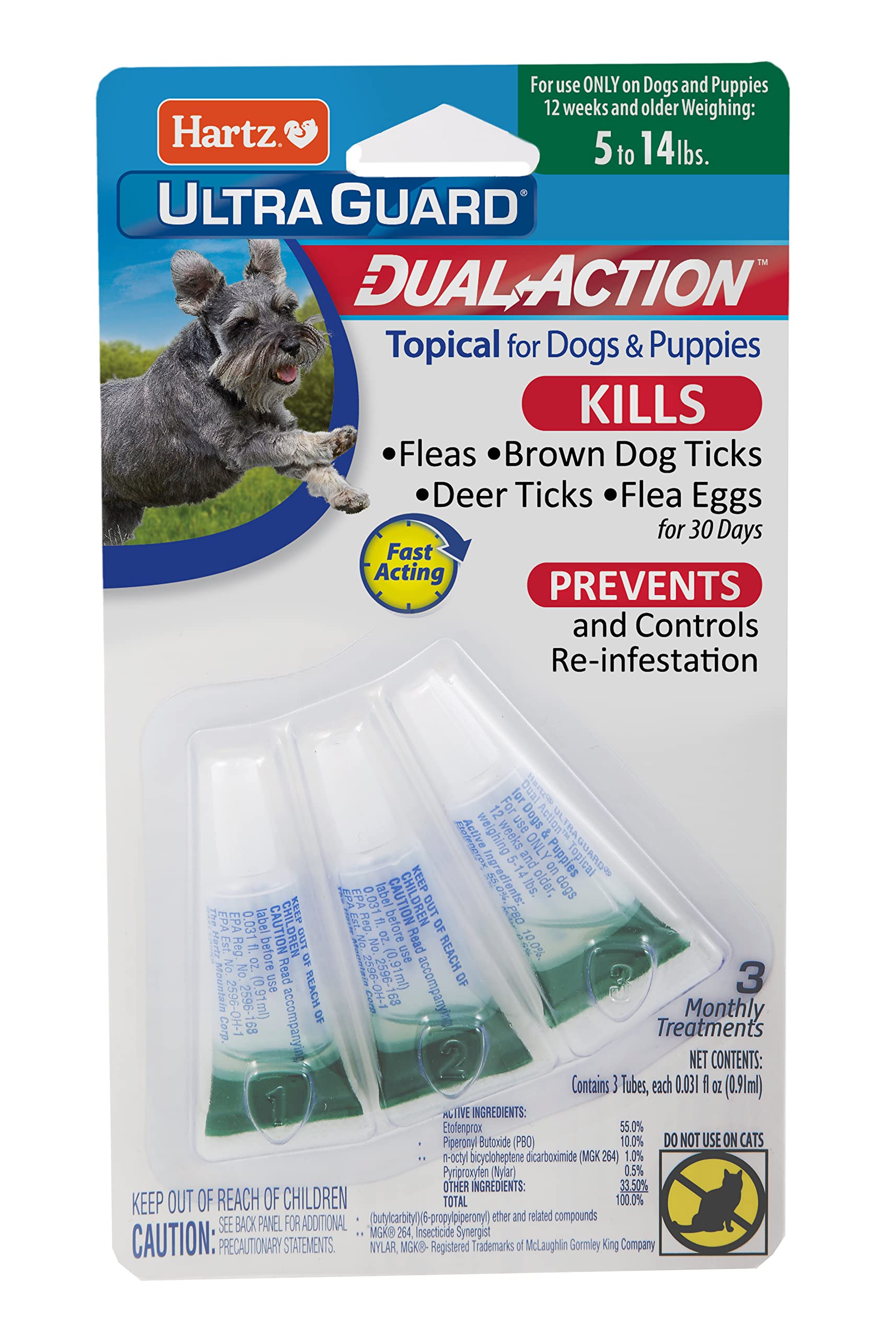 Hartz UltraGuard Dual Action Flea & Tick Topical Dog Treatment and Flea and Tick Prevention, 3 Months, 5-14 Pound Dogs(pack of 3