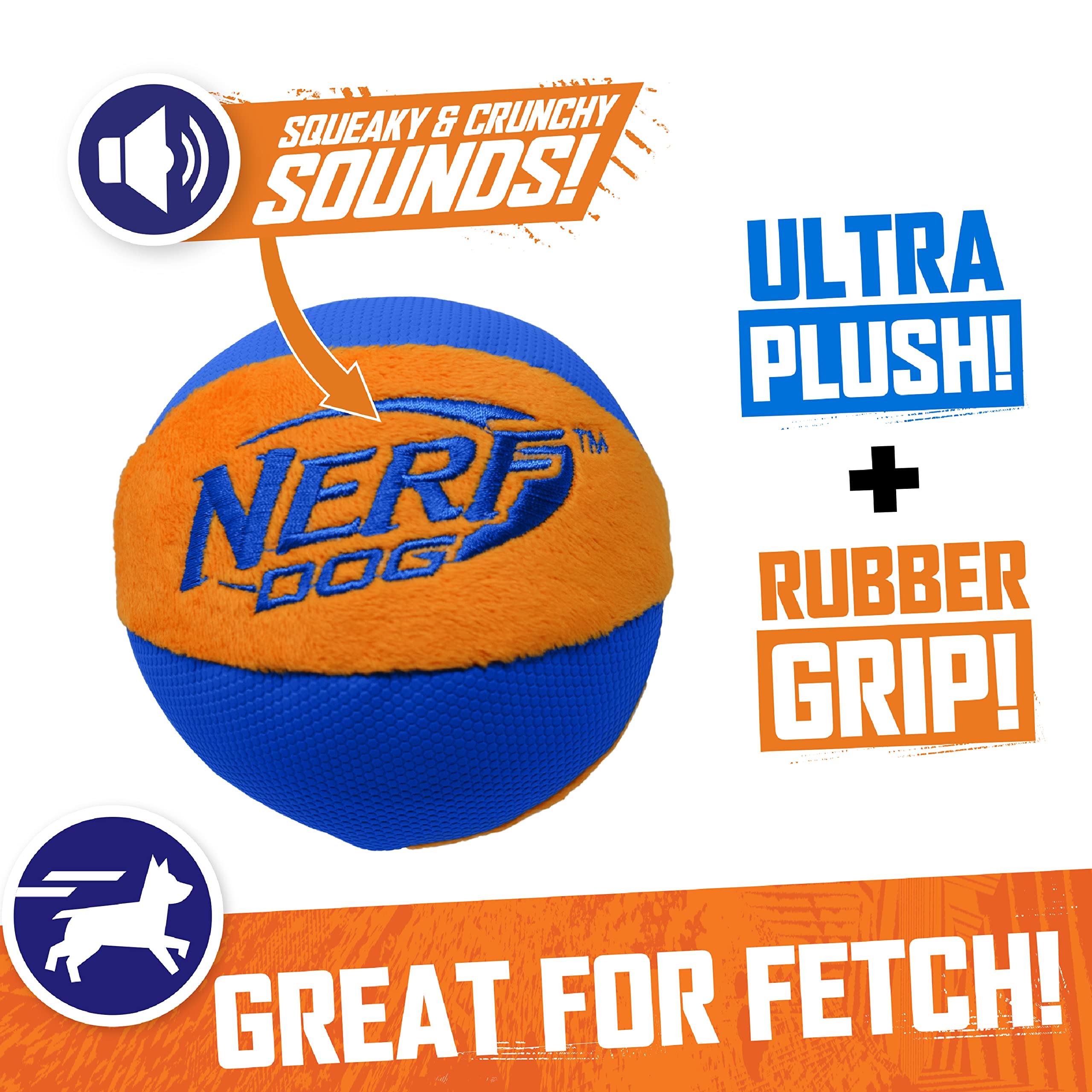 Nerf Dog Trackshot Ball Dog Toy With Interactive Squeaker And Crunch, Lightweight, Durable And Water Resistant, 4.5 Inches, For Medium/Large Breeds, Single Unit, Blue/Orange