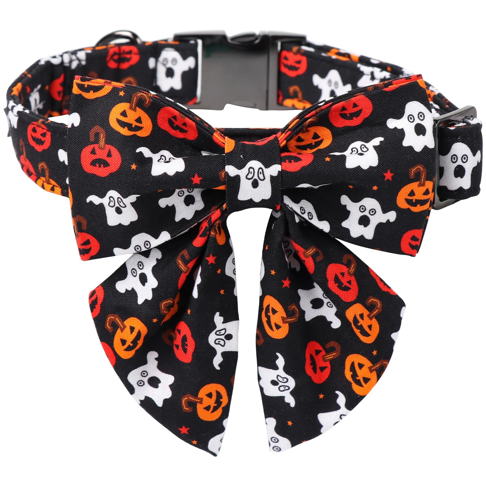 Maca Bates Halloween Dog Collar Spooky Ghost Dogs Collars With Bow Black And White Puppy Colar With Bowtie Adjustable Birthday Gift For Xs Small Medium Large Xl Girls Boys Male Female Dogs Pet